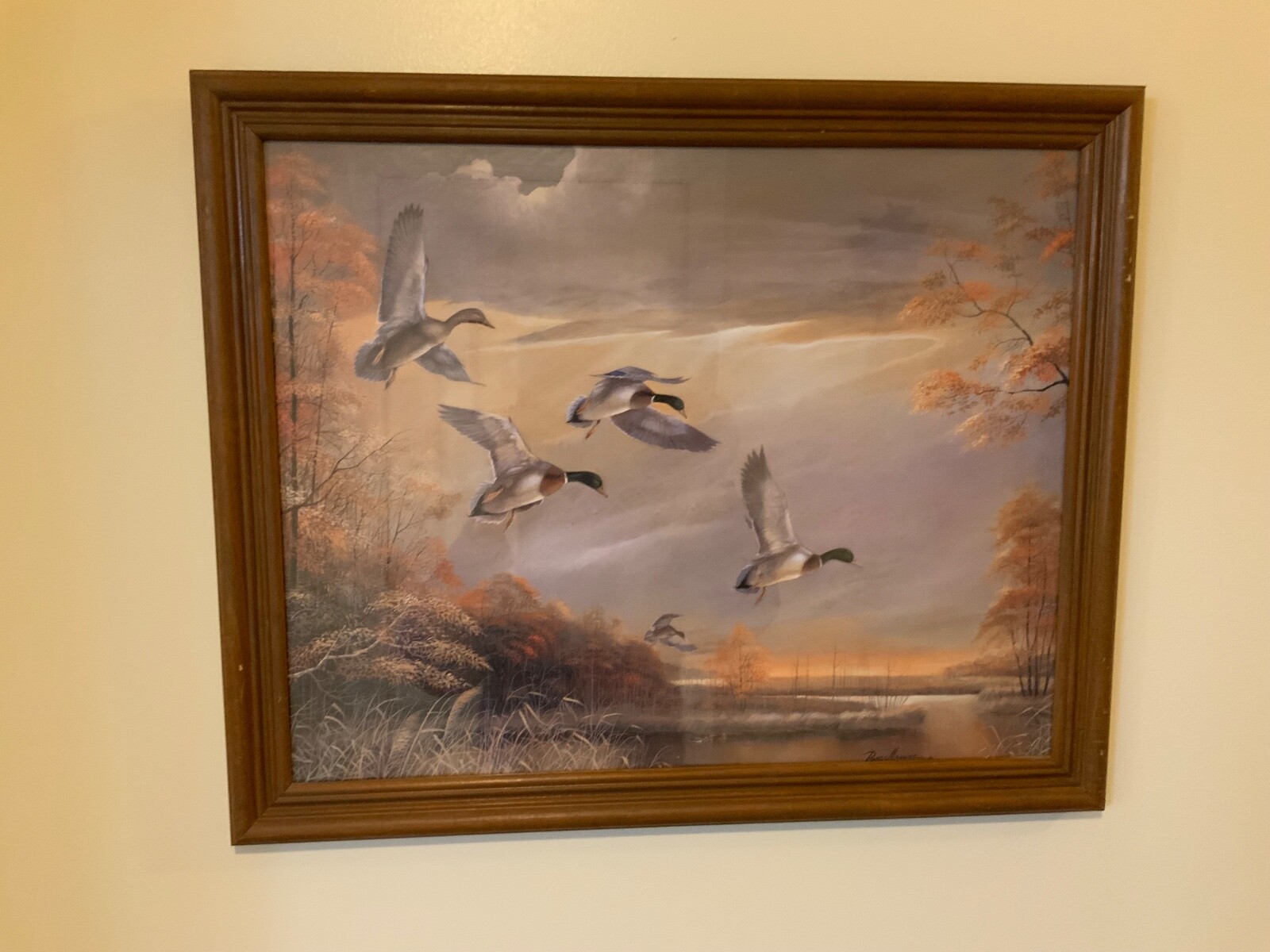 Vtg Flying Ducks Print Lake Picture Art Cabin Hunting Decor Framed Ruane Manning