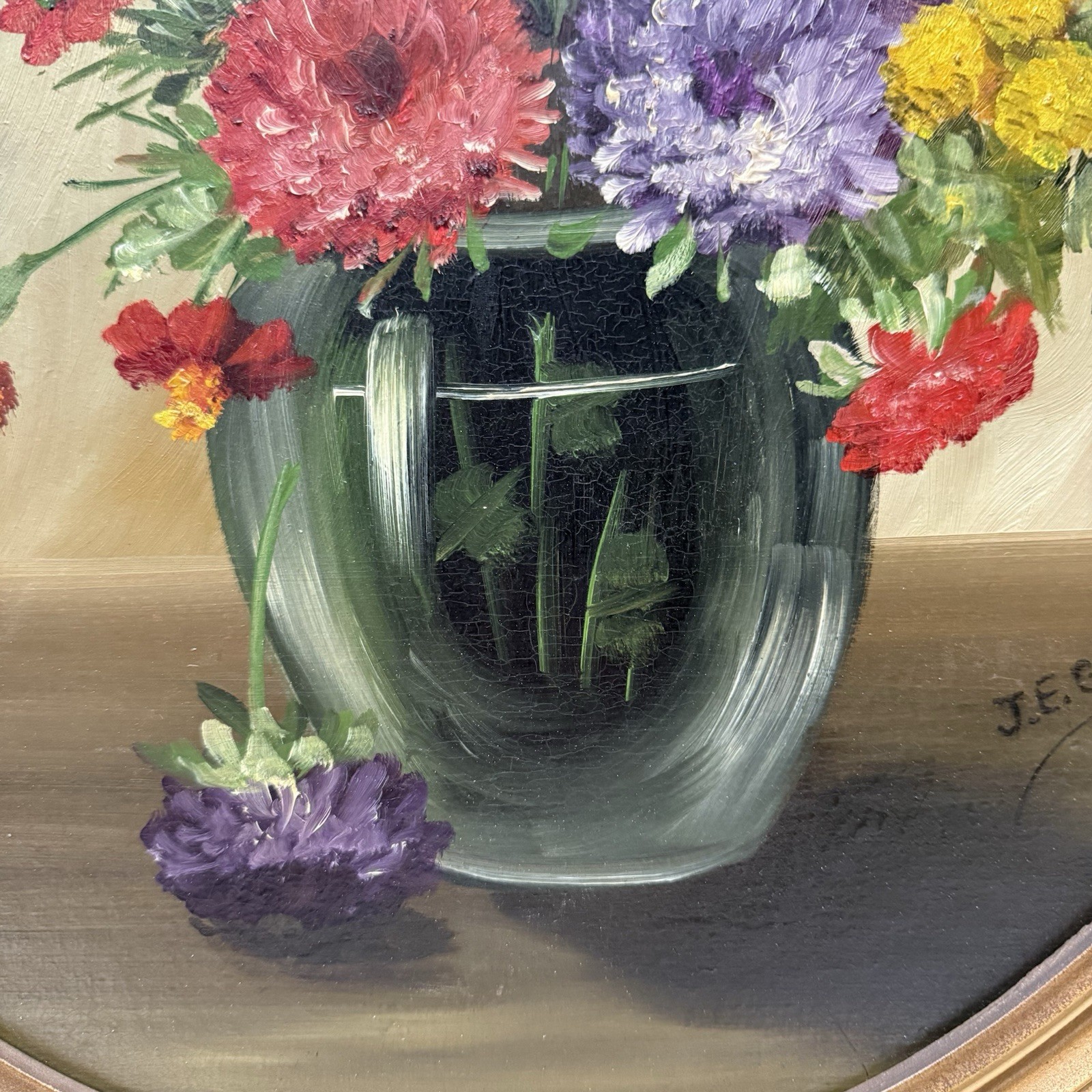 Vintage Original Signed Still Life Flowers in Vase Painting Gilt Oval Framed 22”