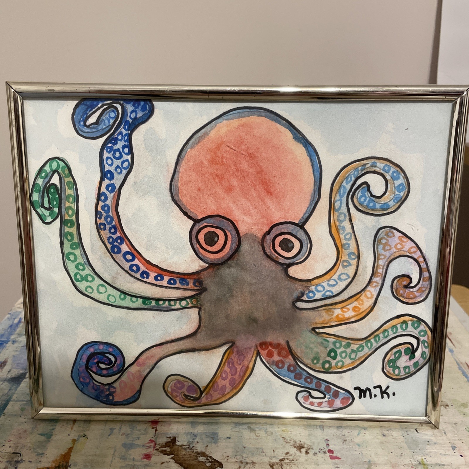 Original Art Octopus Watercolor painting Framed Whimsical Ocean Sea Life