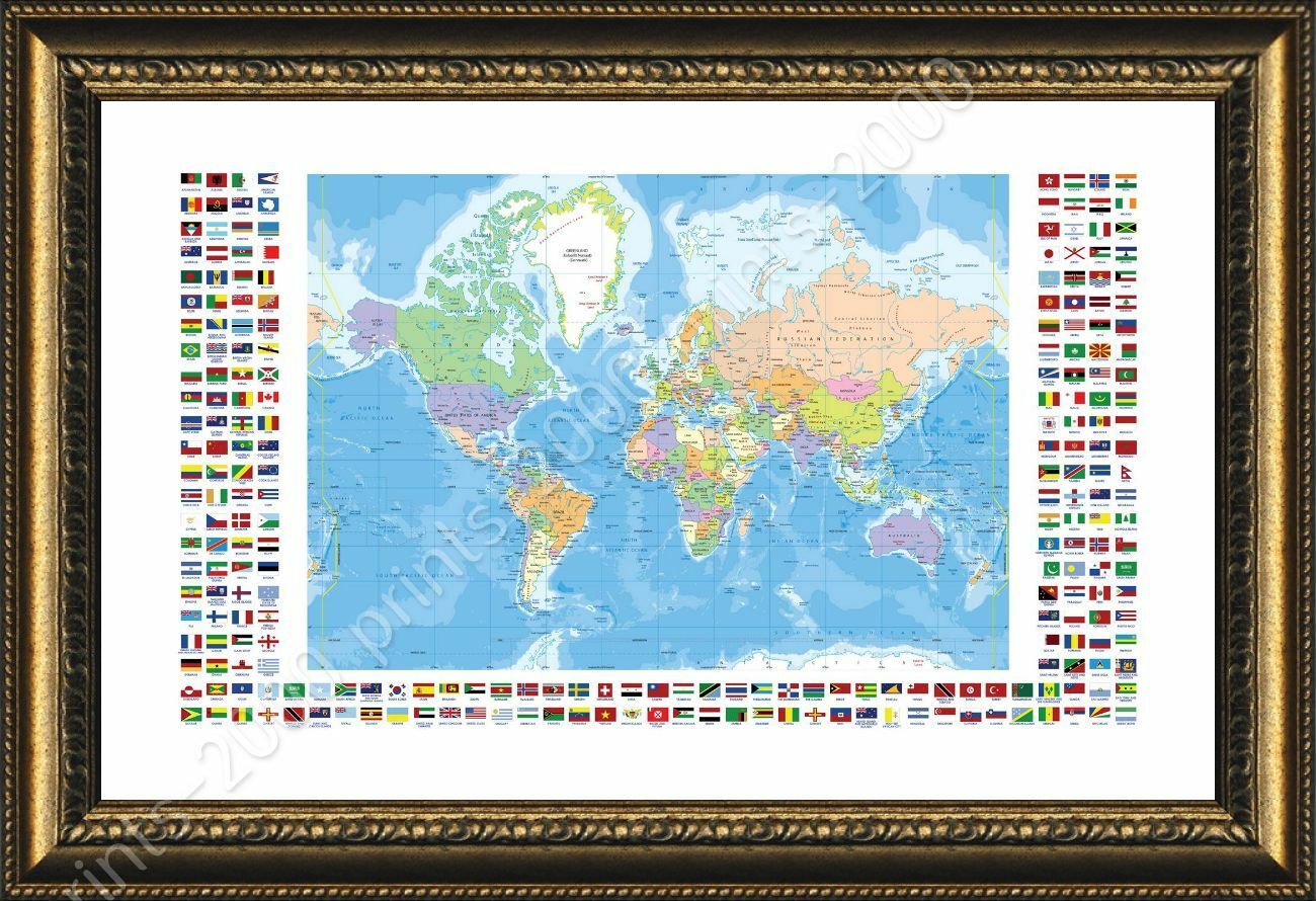 Political Modern Flags #1 by World Map | Framed canvas | Wall art oil painting