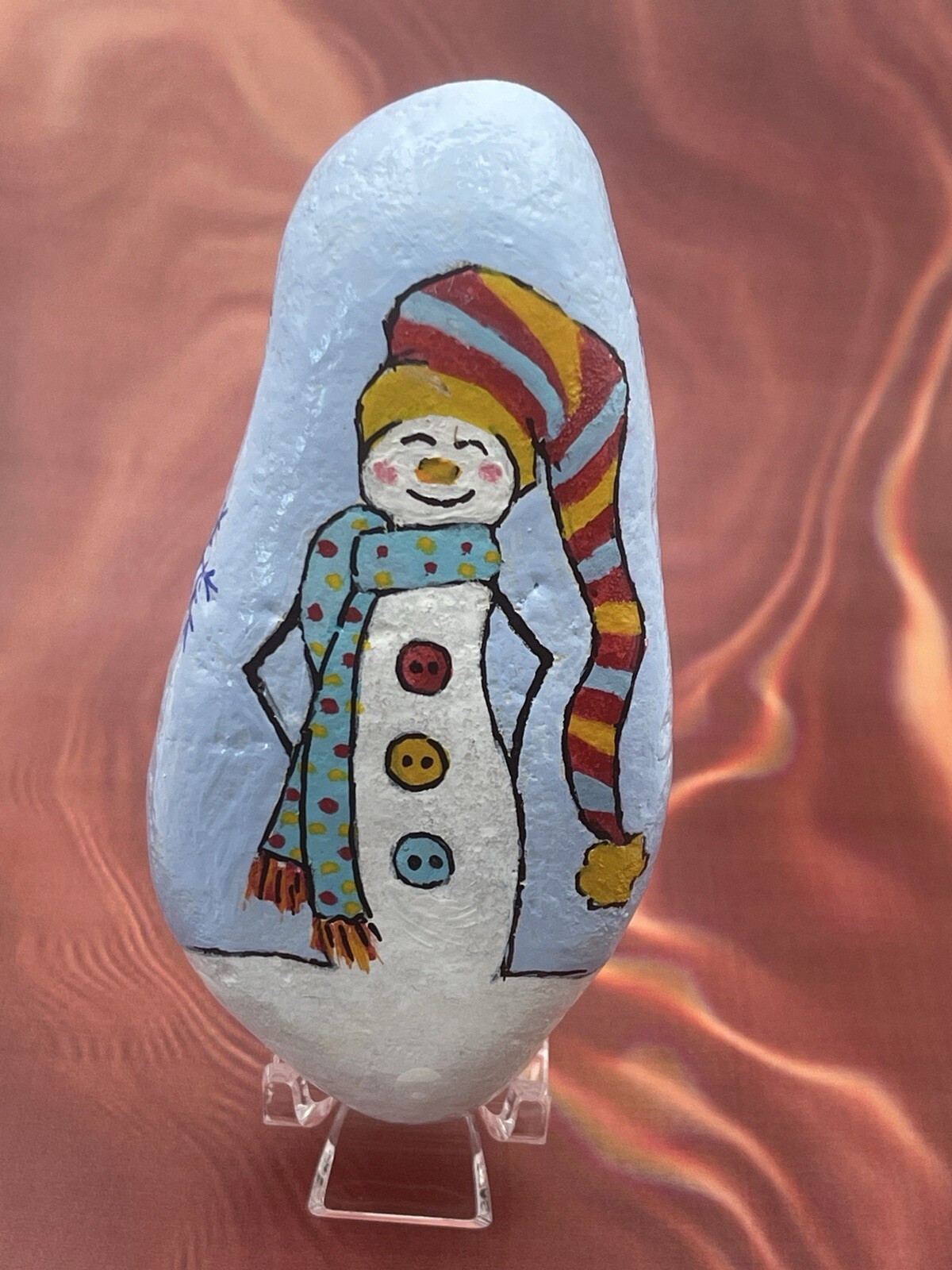 Whimsical Winter Snowman Scarf, Let it Snow, Christmas Holiday Painted Rock ￼