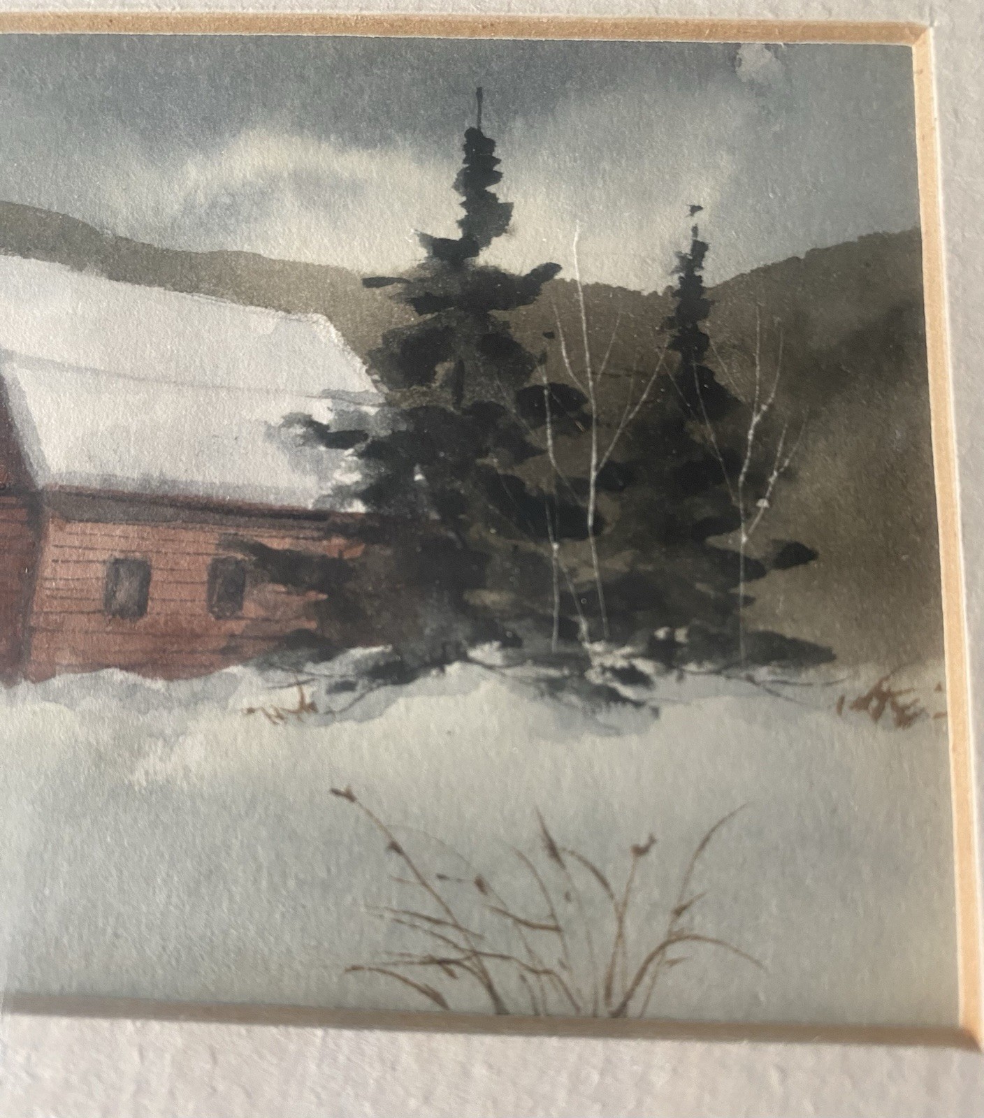 Original Watercolor Framed Matted Winter Red Barn Signed Lorna Griggs
