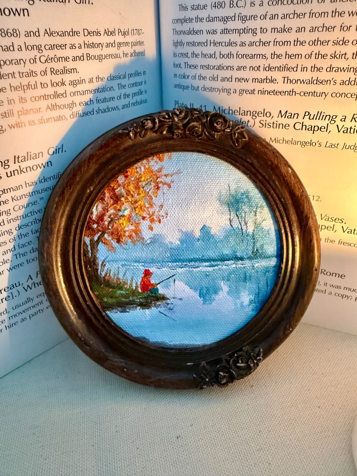 miniature oil painting, original painting ,lake landscape ,fisherman painting