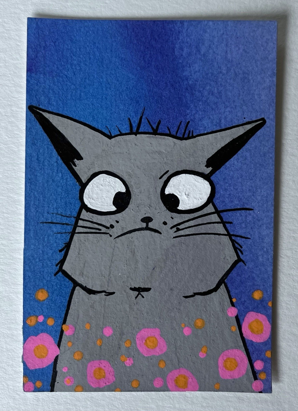 ACEO original painting gray cat with flowers 2.5in x 3.5in