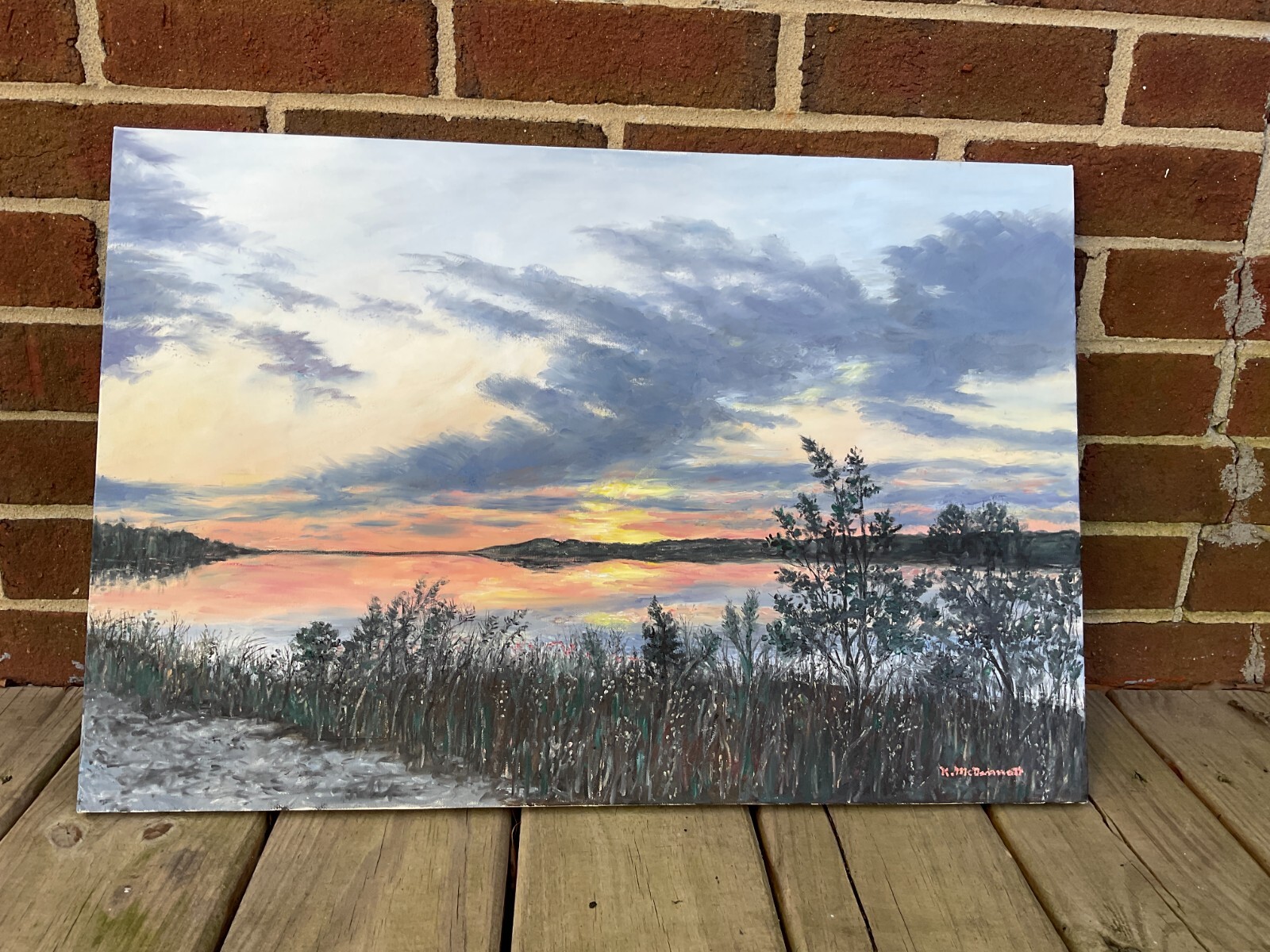 BREEZE ALONG THE RIVER original unframed 16×23 inch oil painting by K. McDermott