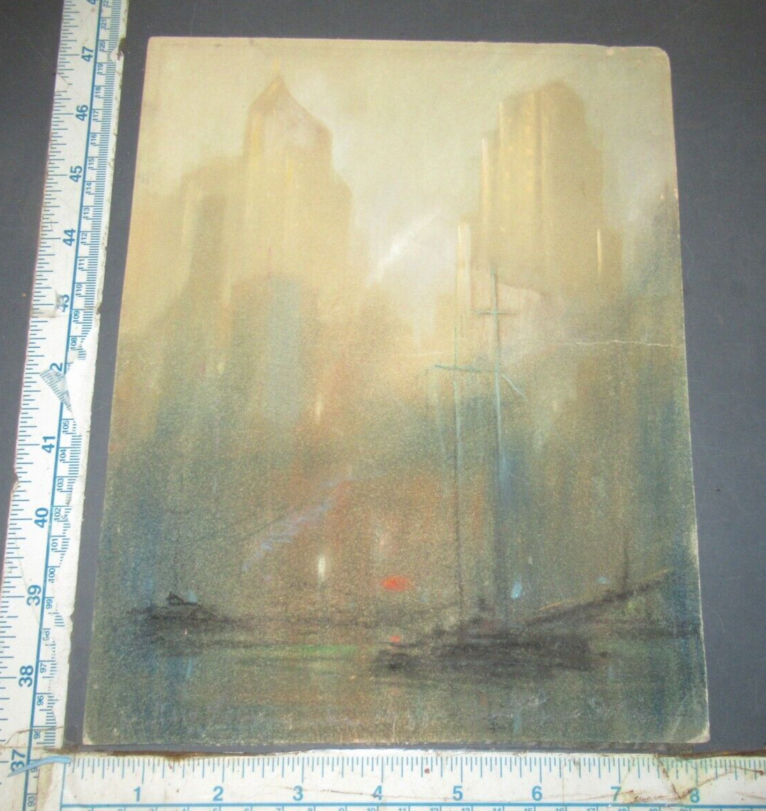 Vintage Leon Dolice New York Cityscape Empire Skyscraper Painting NYC Artist