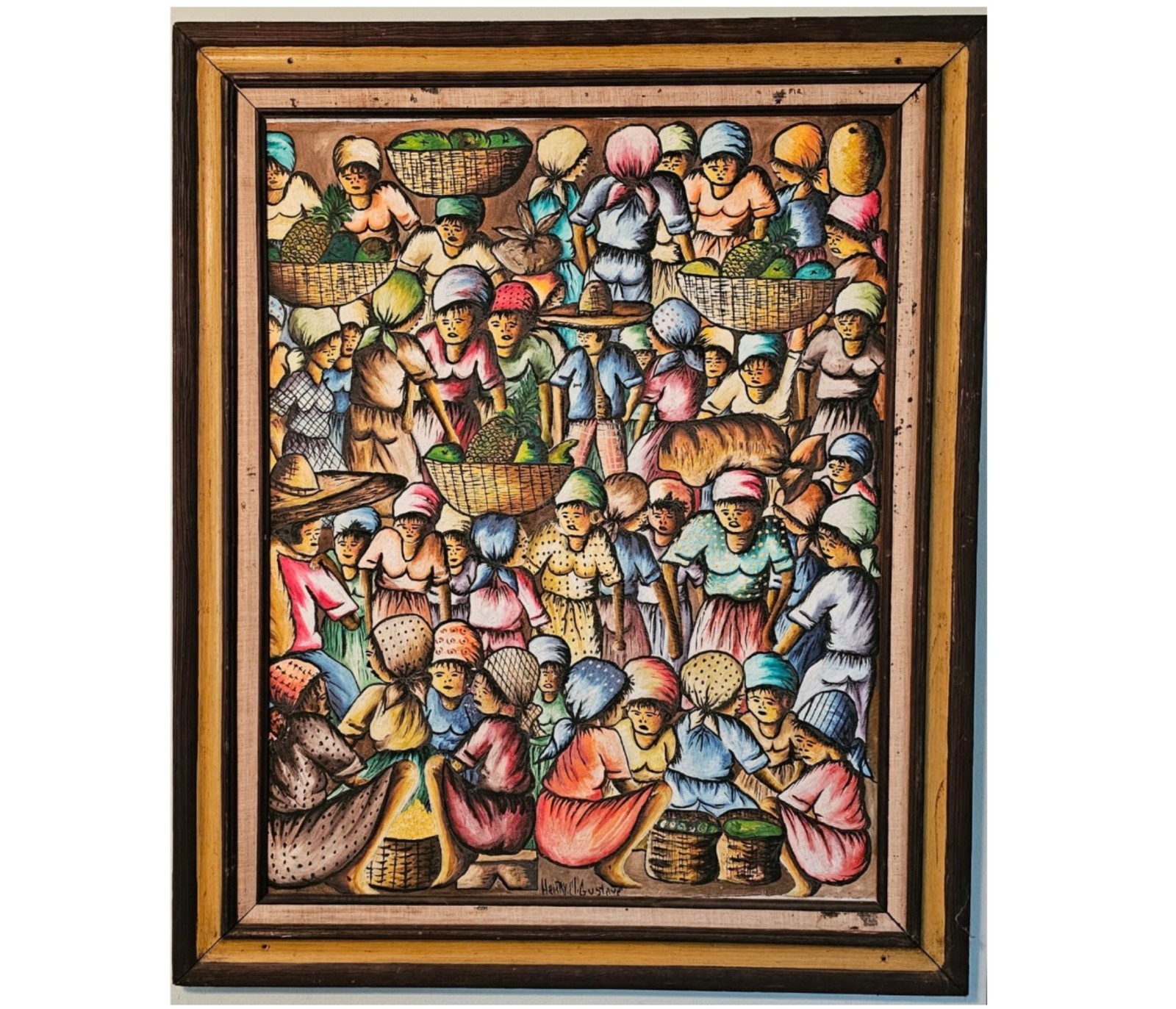30×36 Antique Haitian Folk Art Oil Painting Busy Market Scene Henry M Gustave
