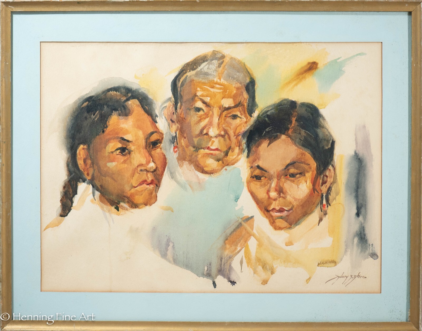 Beautiful Vintage Native American Women Portrait by Sydney Stern with Label