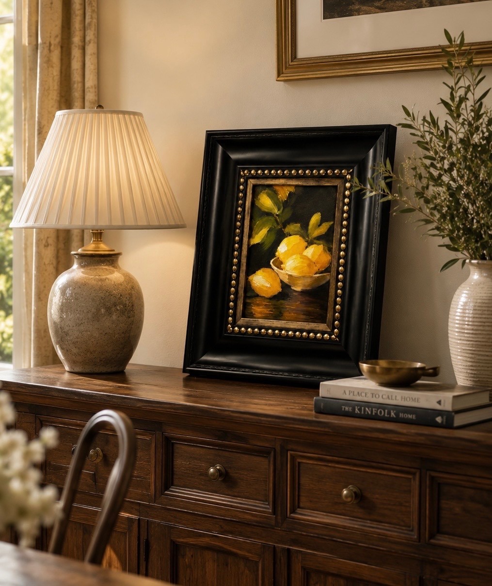 Lemon Still Life Impasto Textured Canvas Print Framed Black Gold Wall Art