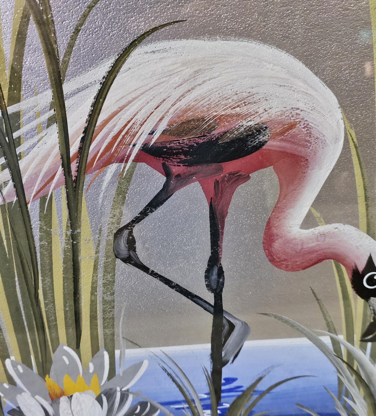 Vintage 1950s Pink Flamingo Devoe Original Painting Gold Frame 15.5″x19.5″