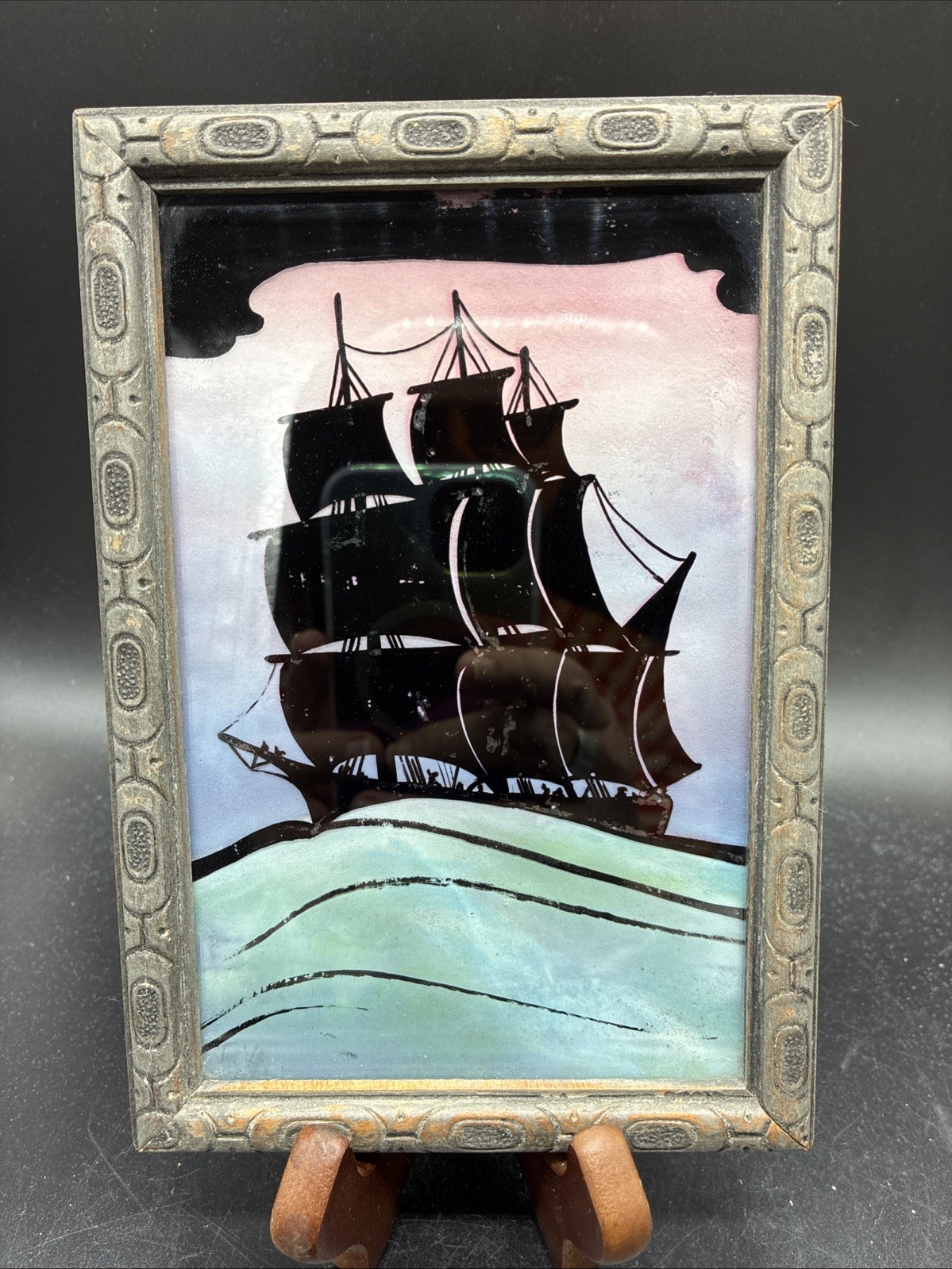 Vintage Silhouette of A Sailboat, Boat & People w/Clouds & Waves