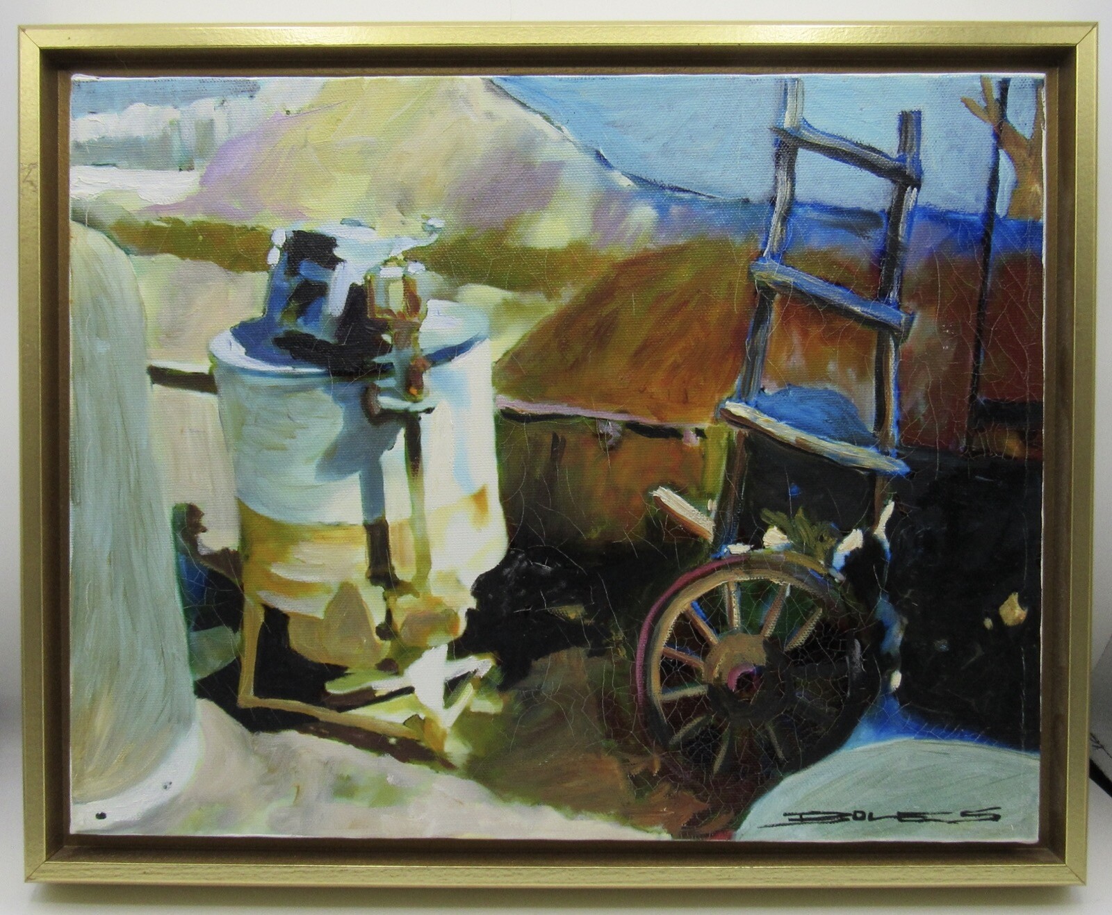 Signed framed oil painting John Boles New Orleans artist washing machine ladder