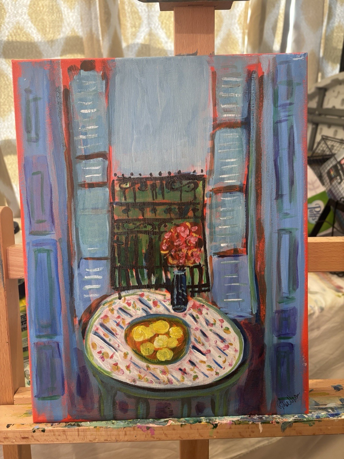 Original Art Signed Canvas Matisse Inspired Window Balcony Unframed