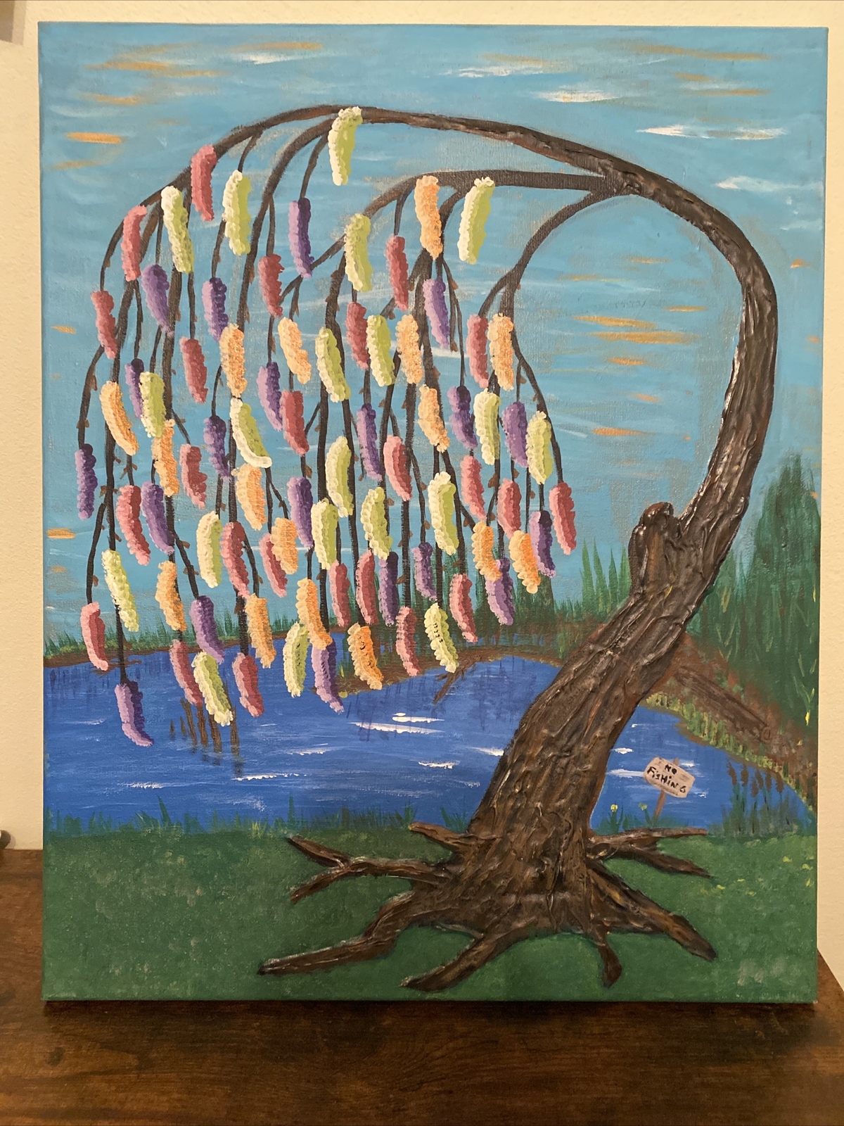 Abstract Canvas Tree By The Pond. Unsigned And Unframed Original Painting