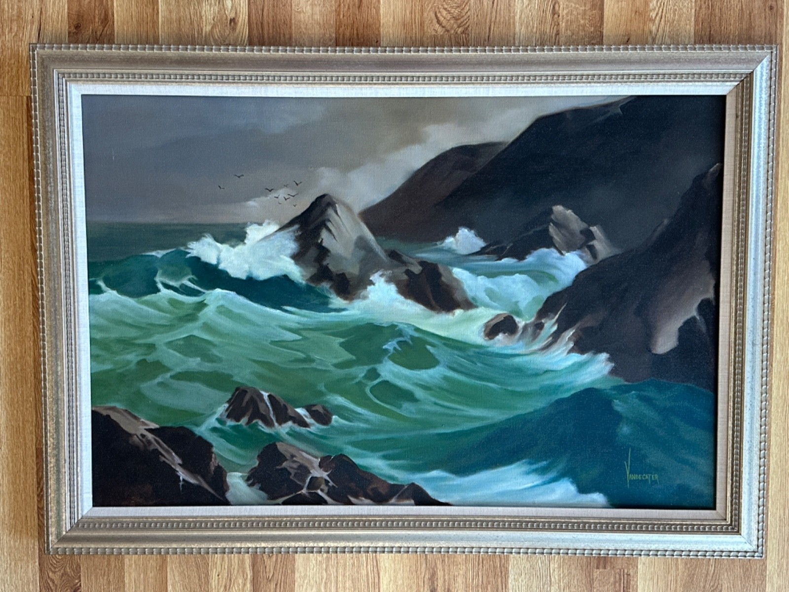 VANDECATER ROCKS AND WAVES CANVAS PAINTING LARGE FRAMED 29″ X 41″