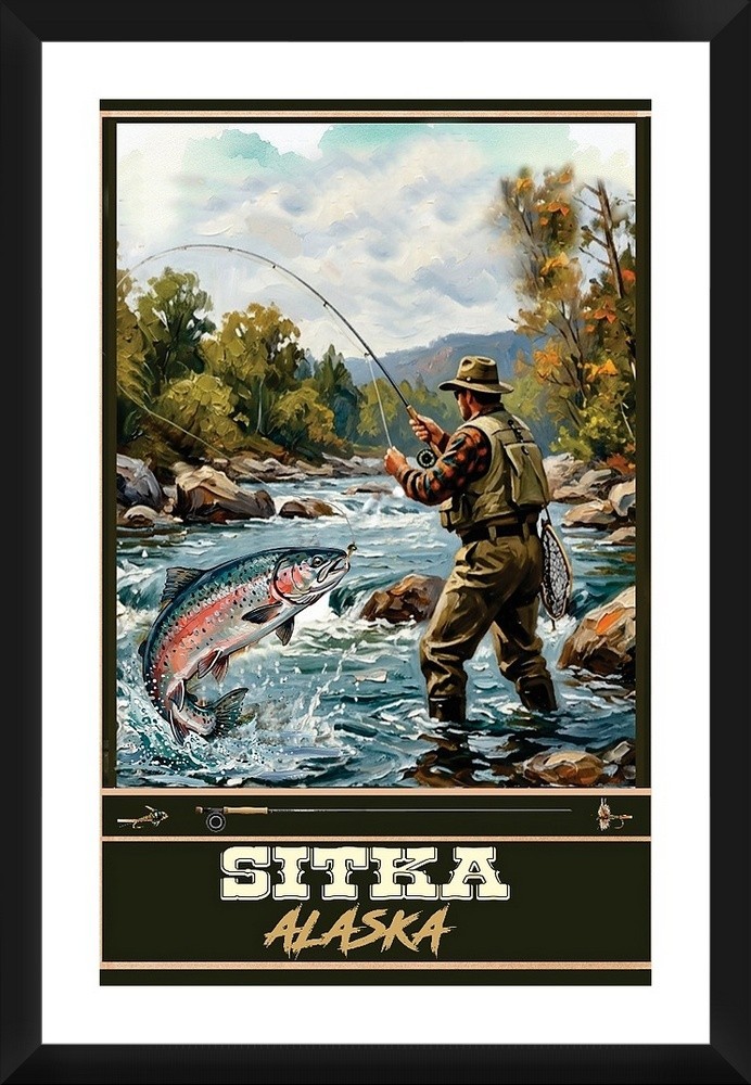 Salmon Fly Fishing Travel Poster Sitka Alaska Print, Canvas, or Framed