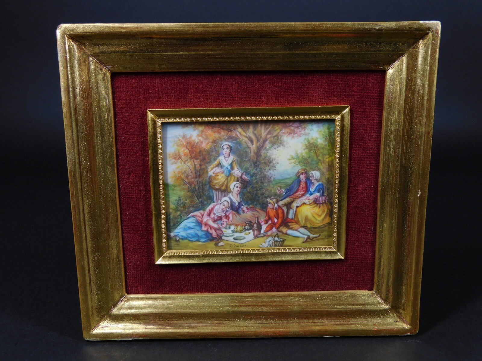 Antique Miniature Painting Picnic Scene Signed J Canava