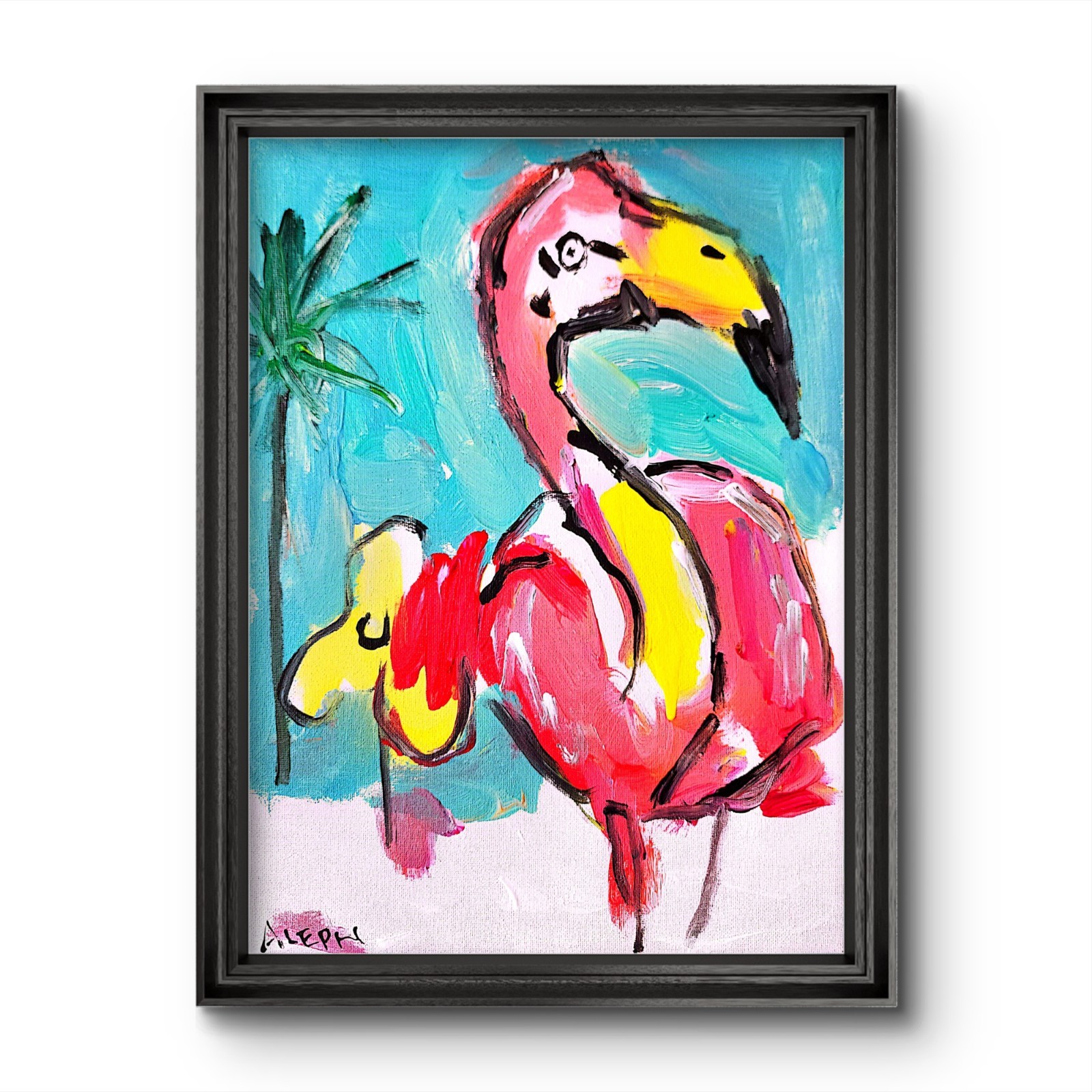 Aleph Original Art Flamingo 14×11 Abstract Expressionist Painting Canvas