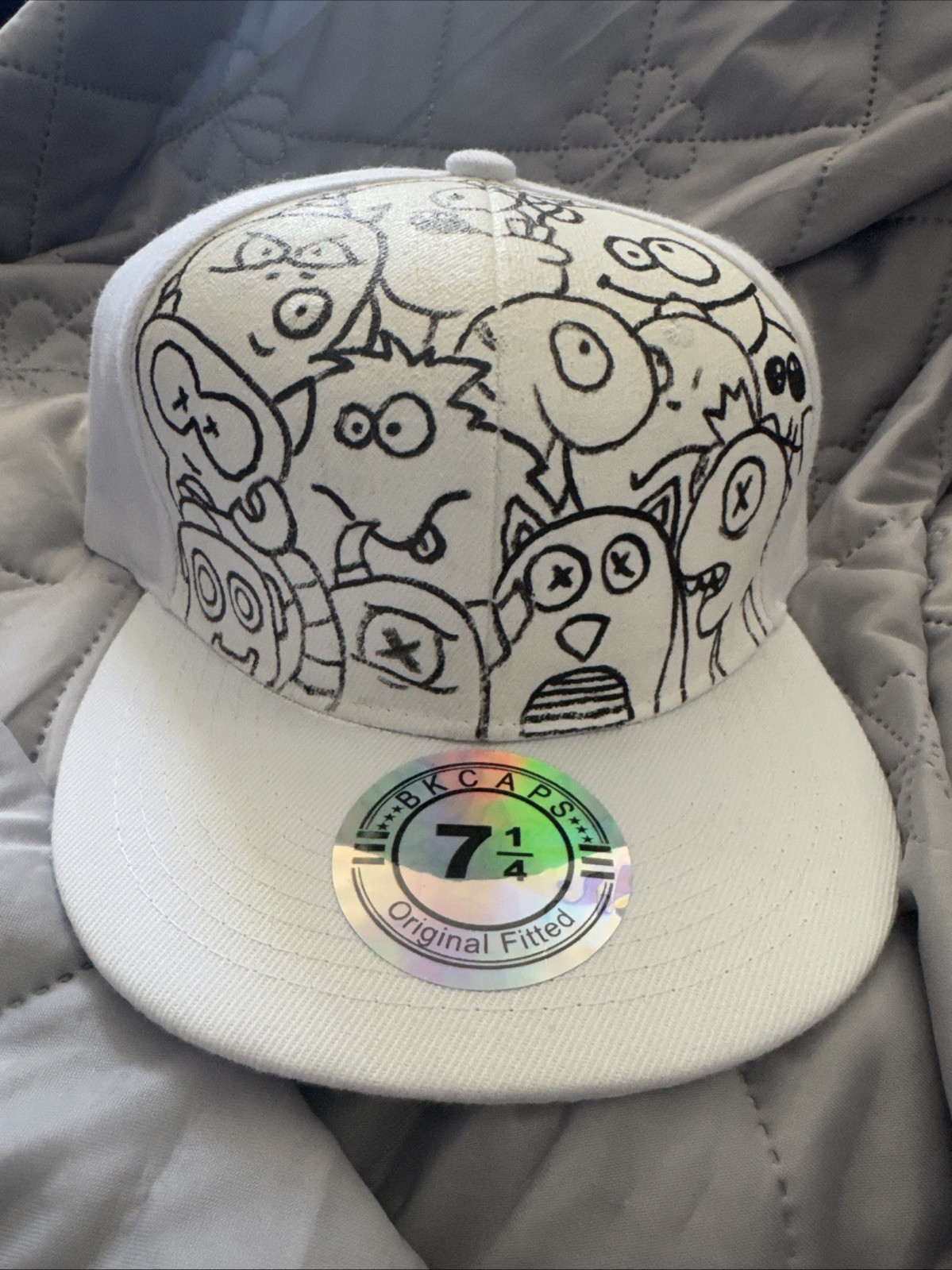 White Fitted 7 1/4 Hand Painted Hat Hip Hop Monster DIY Doodle Hat Shortiez Ink