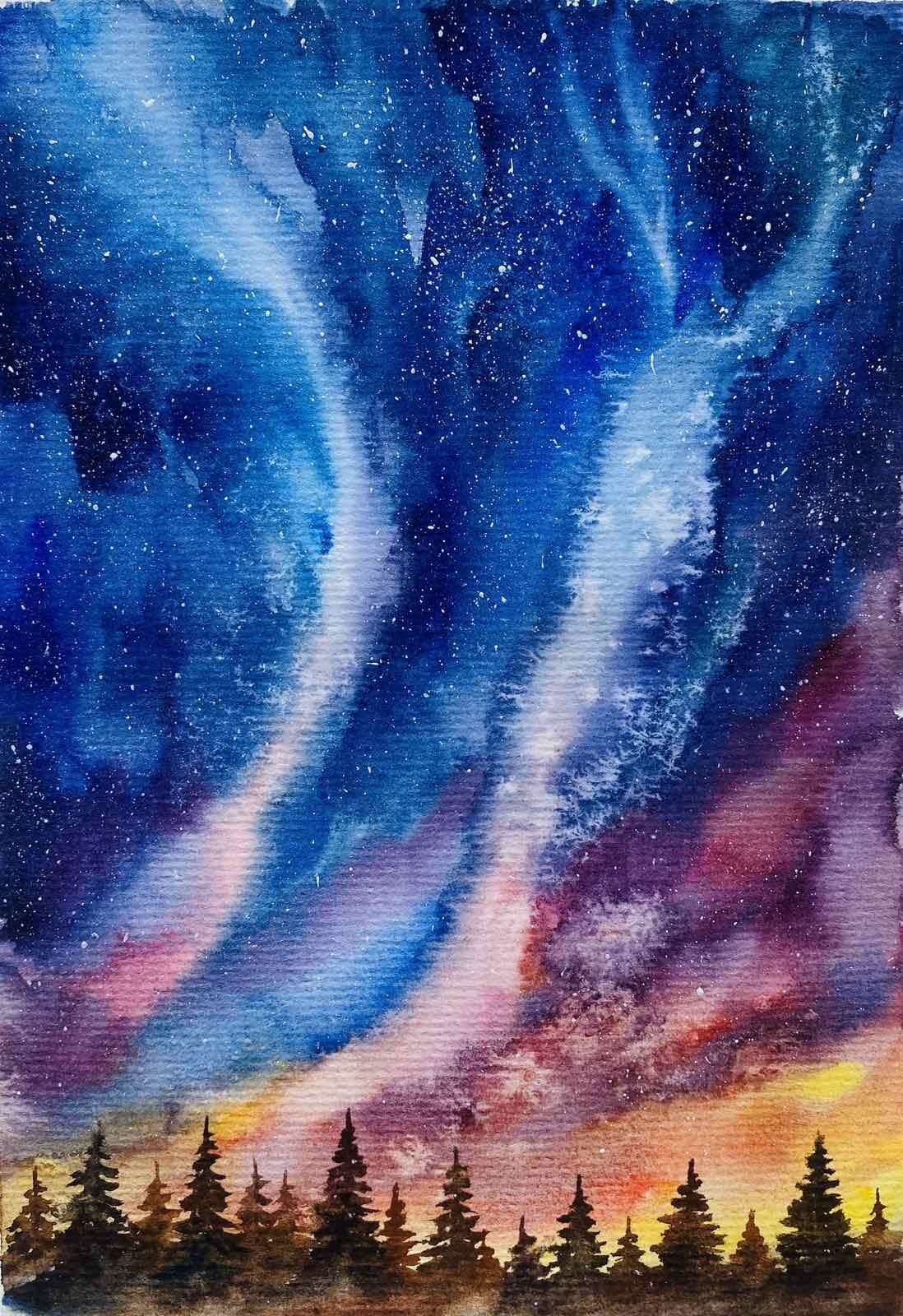 Original watercolor Art Aurora Borealis Painting Northern Lights Art Night Sky