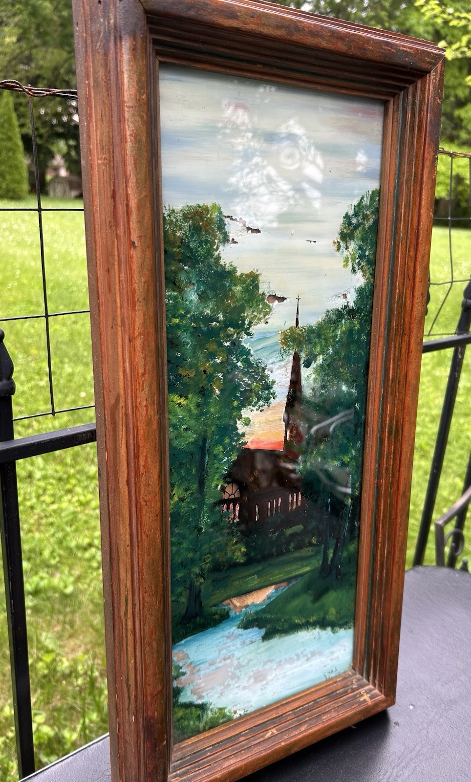 Antique Wood Frame Reverse Painted Church Landscape Germany Signed Chas Bauerle