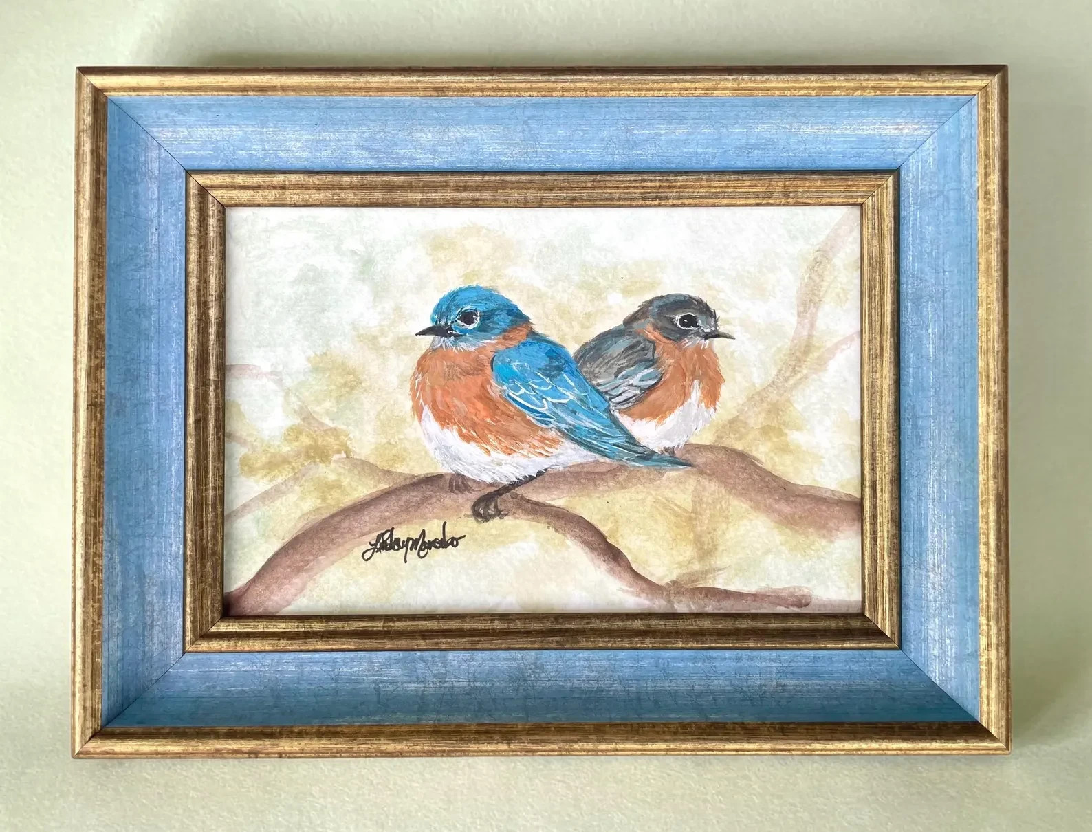 Eastern Bluebird Pair Original Painting, Framed Bird Watercolor Art Wall Decor