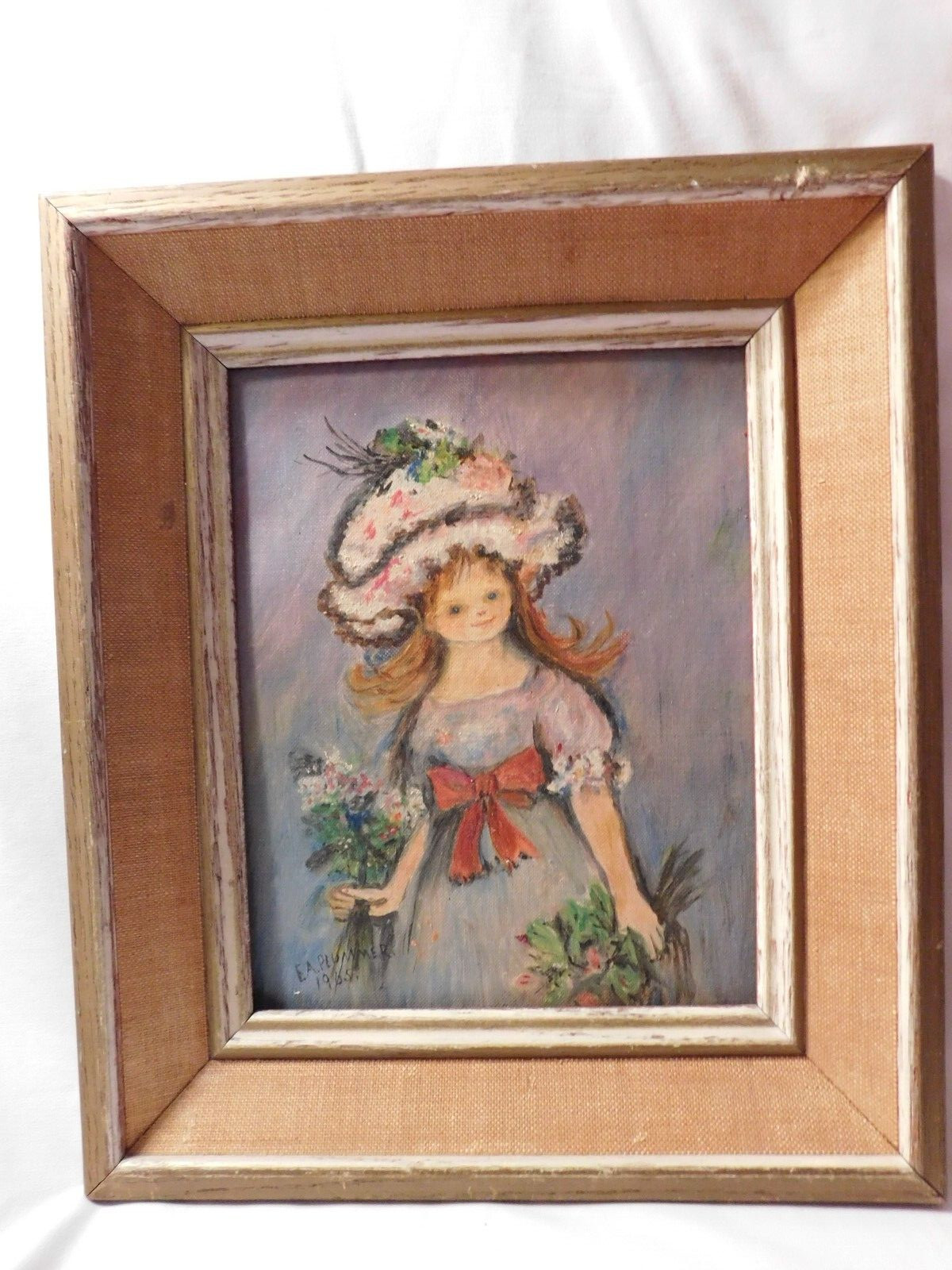 Framed Art Girl Holding Flowers Signed Vintage 1965
