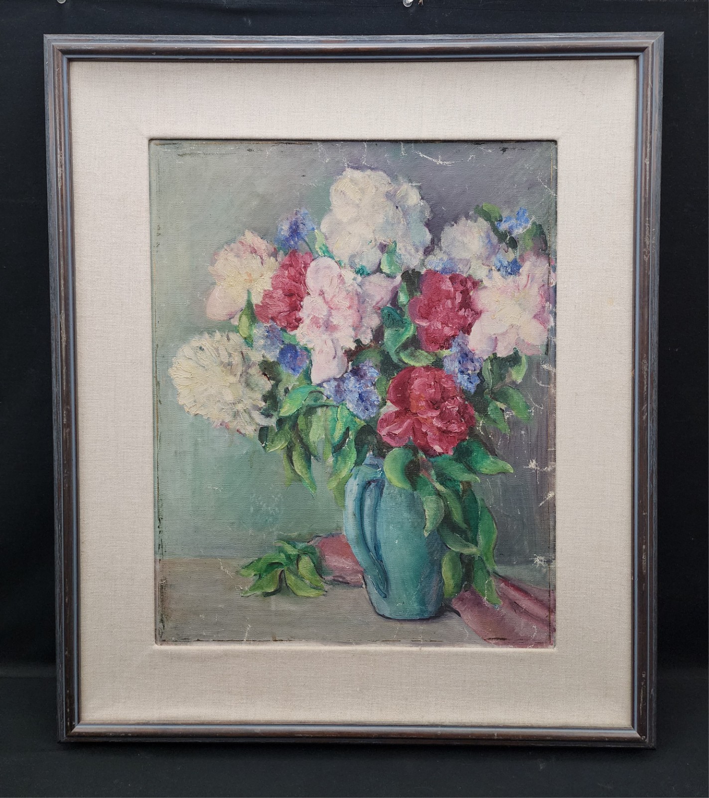 Vintage Floral Flower Original Hand Painted Painting Green Vase White Red Pink