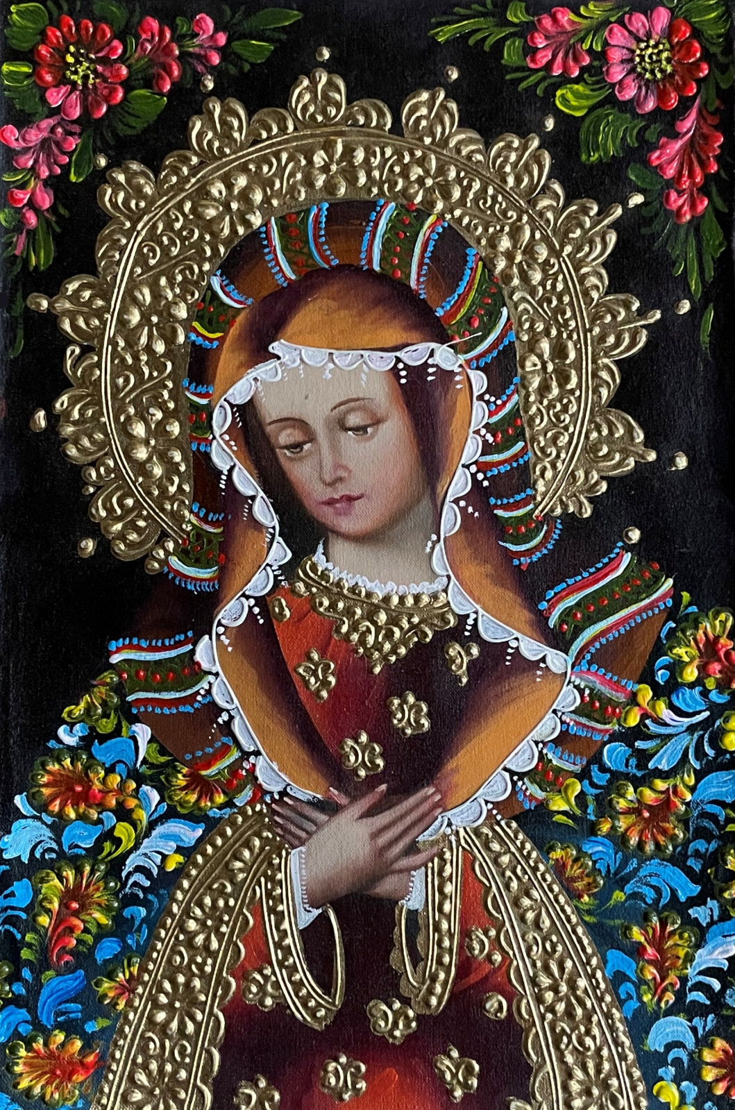Virgin Mary Original Painting Oil on Canvas Cusco School 7 3/8 x 11 1/4