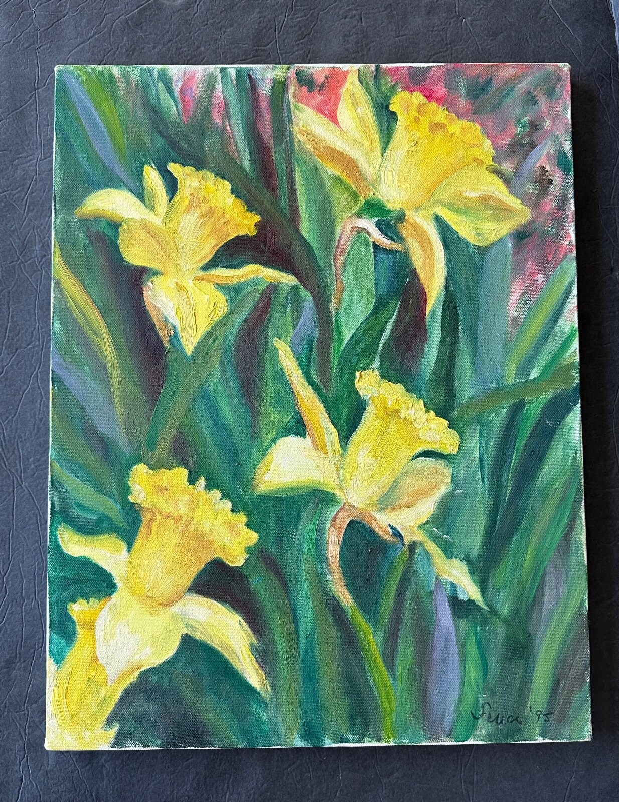 VINTAGE Original Oil Painting Flower Artwork Floral Daffodil Art Painting