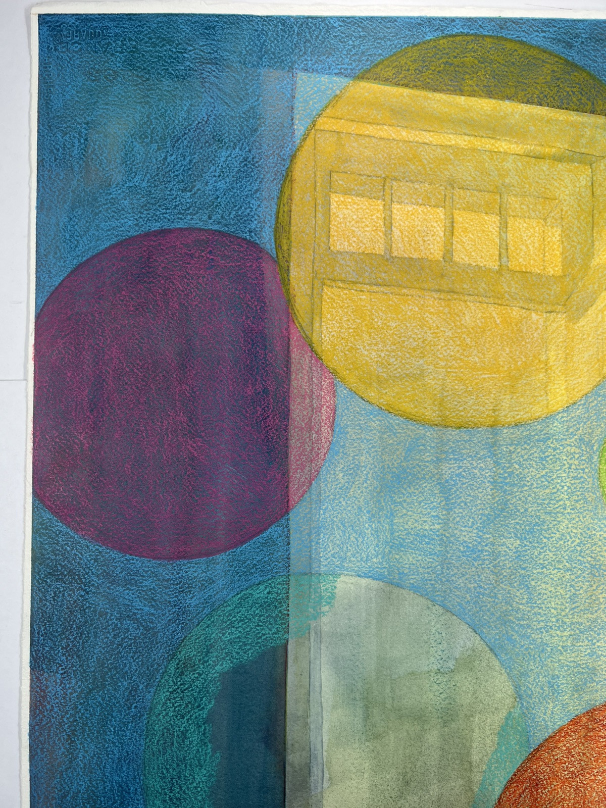 Mixed Media Painting Floating Door & Spheres In Space 22×15” Surreal Folk Art