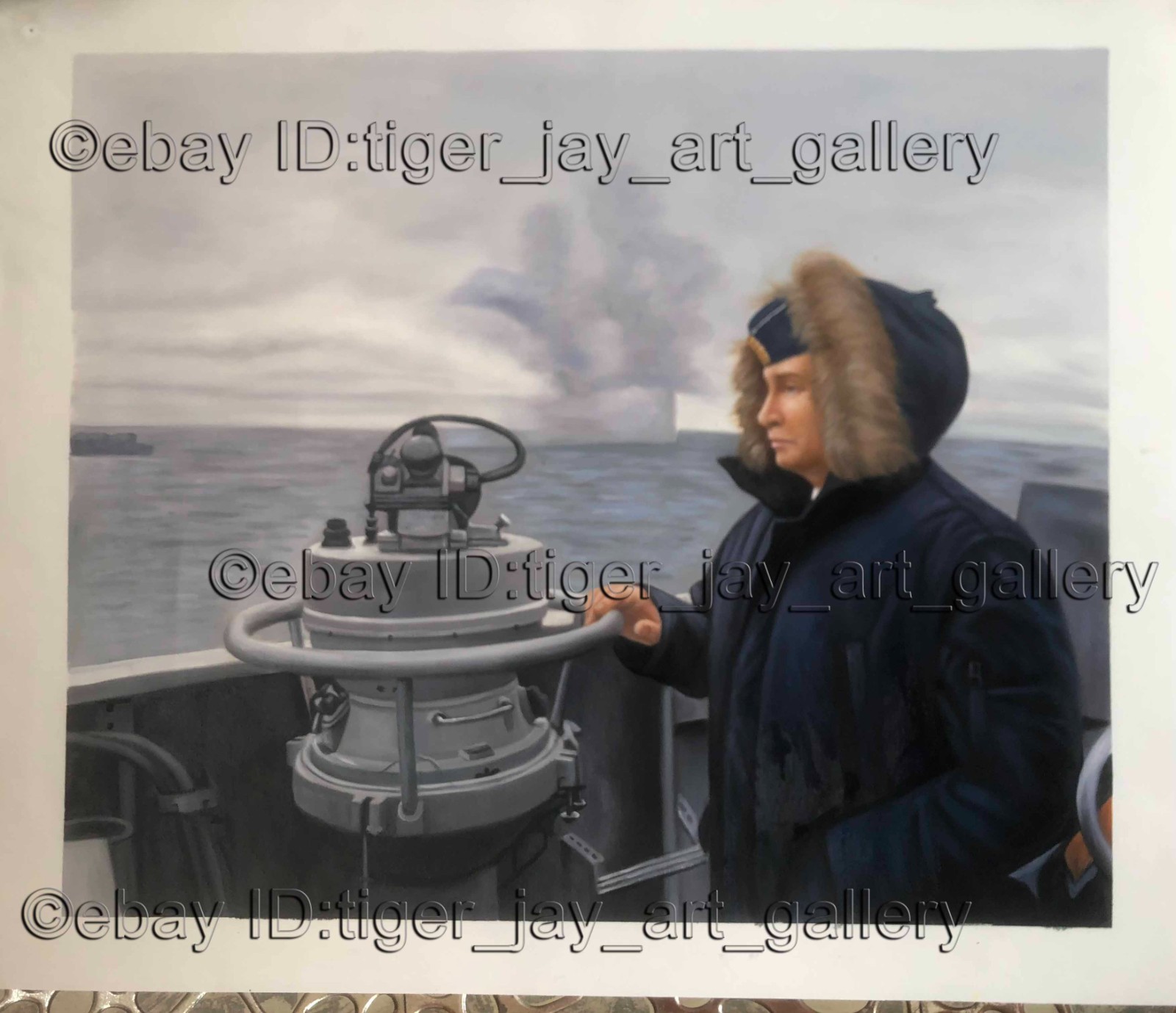 Man On Battleship Sea Ocean Destroyer Big Boat Cruiser Sailor Winter A+ Painting