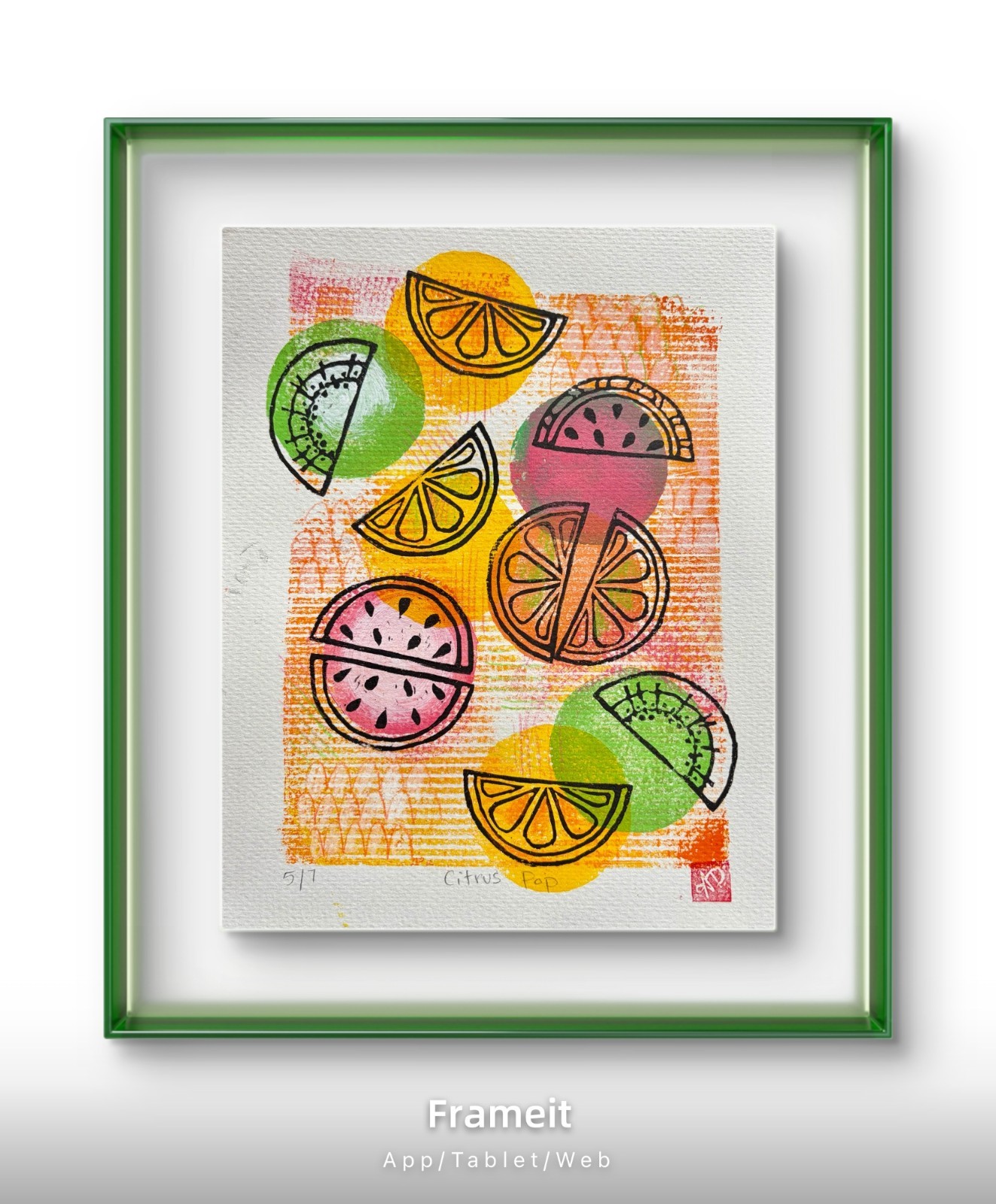 Citrus Pop 5/7 Linocut Print By Alannah Dyer- Acrylic 8×10 in. Unique Food Slice