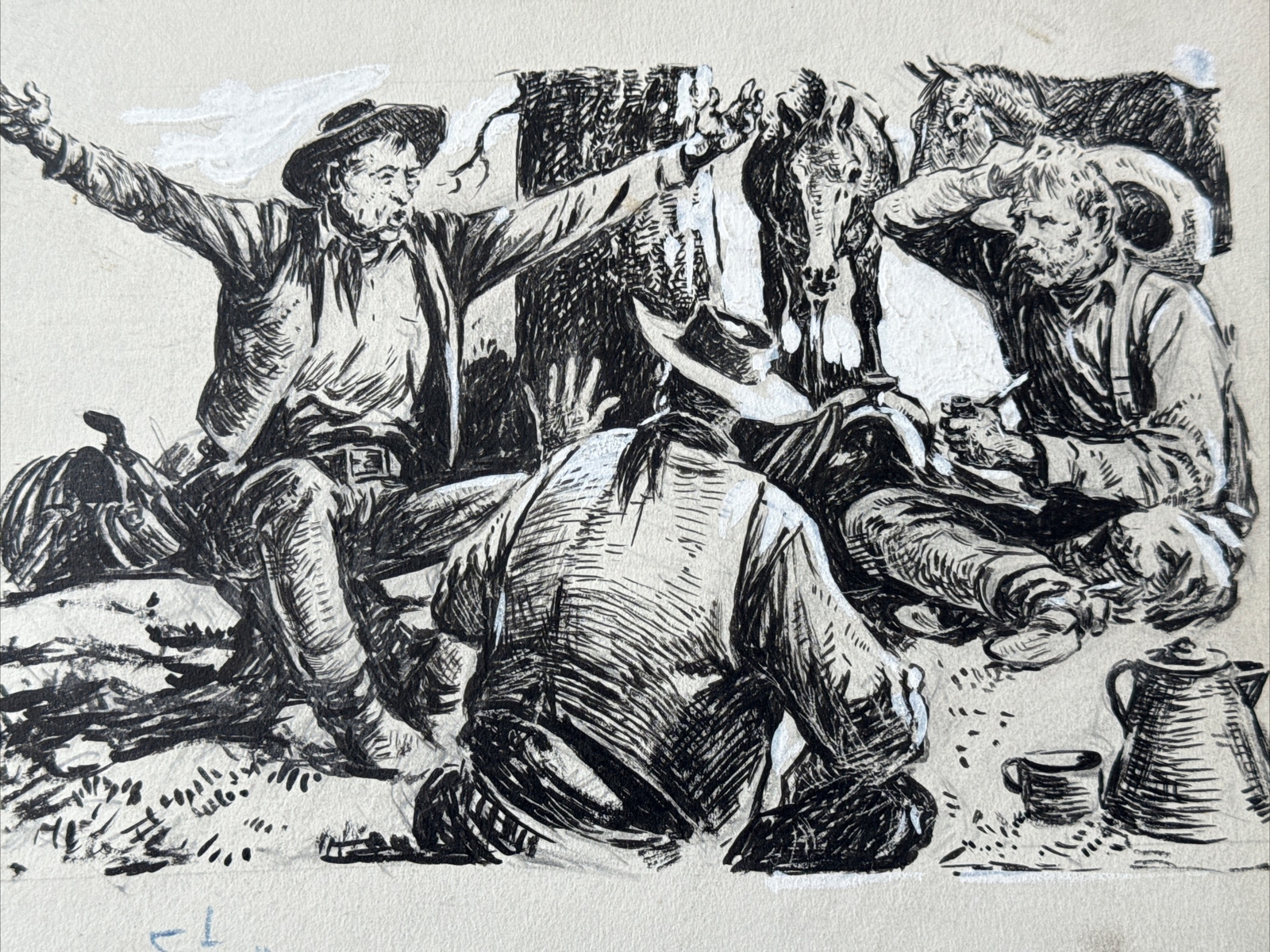 ANTIQUE ILLUSTRATION PAINTING DRAWING COLLECTION THE LIARS CLUB COWBOY WESTERN