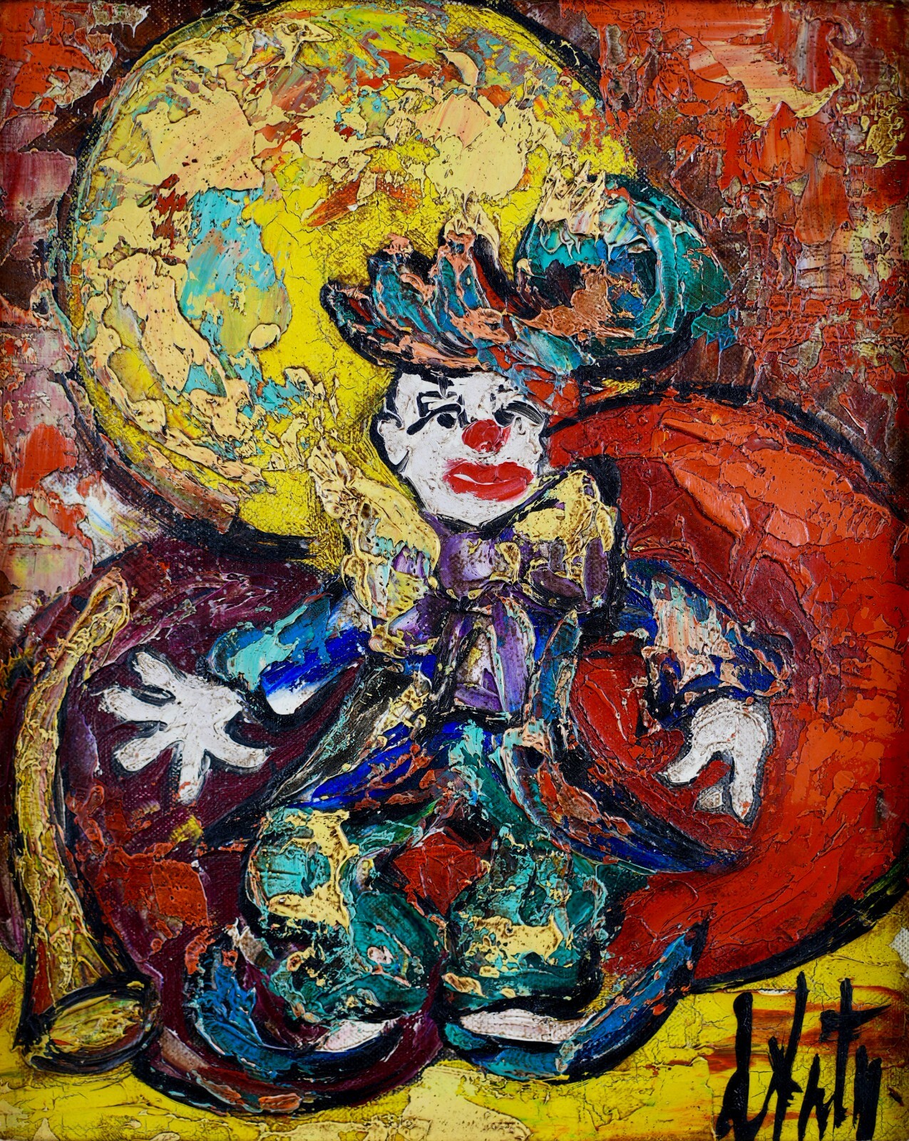 Vintage Original Expressionist Oil on Canvas «Clown Dancer» By Henry D’Anty