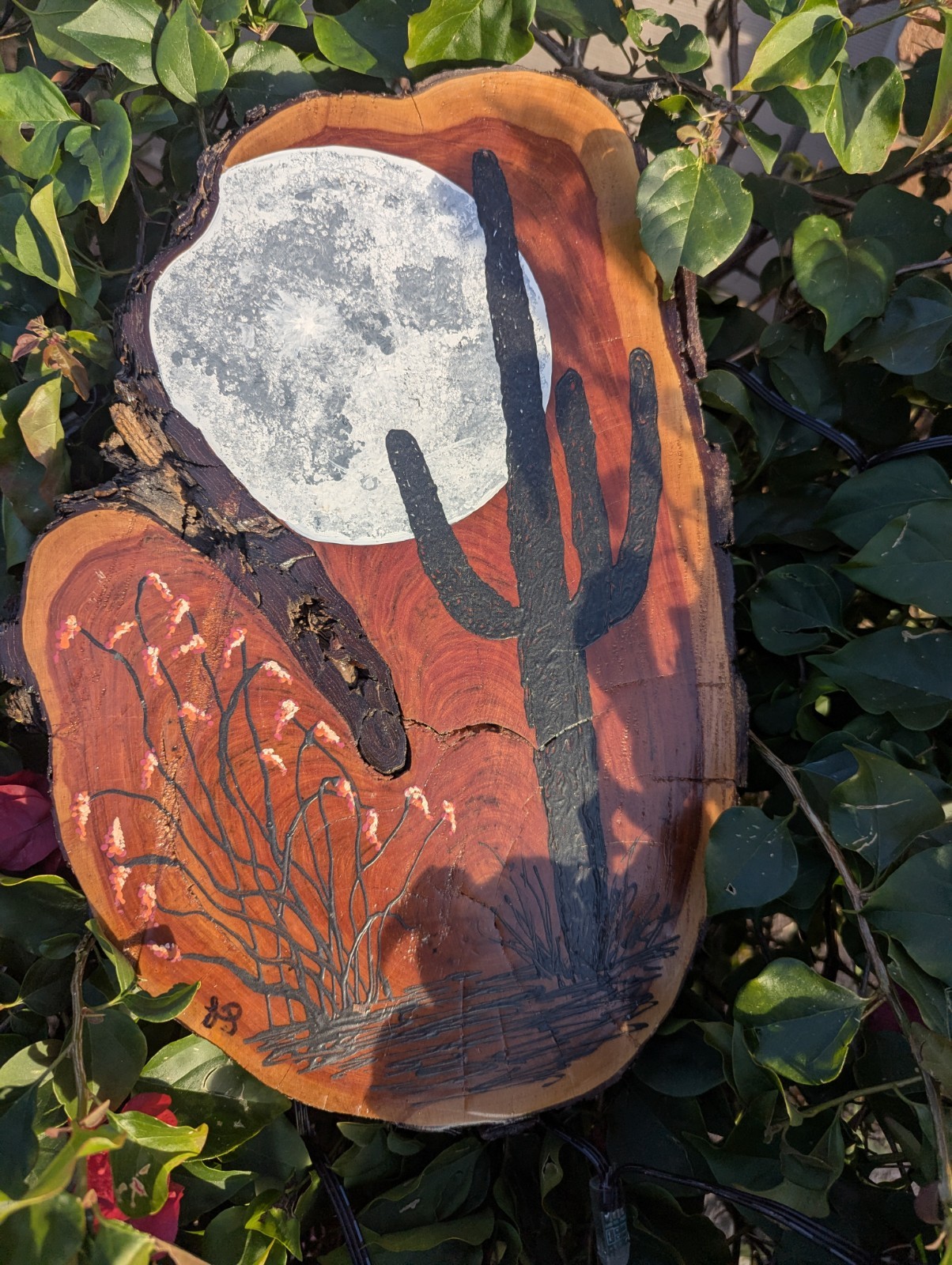 Original Southwest Desert Art Hand Painted on Live Edge Wood Slice Saguaro Moon