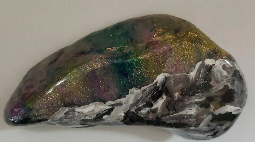 Painted Rock PNW Ocean Rock Aurora Borealis with Mountain.