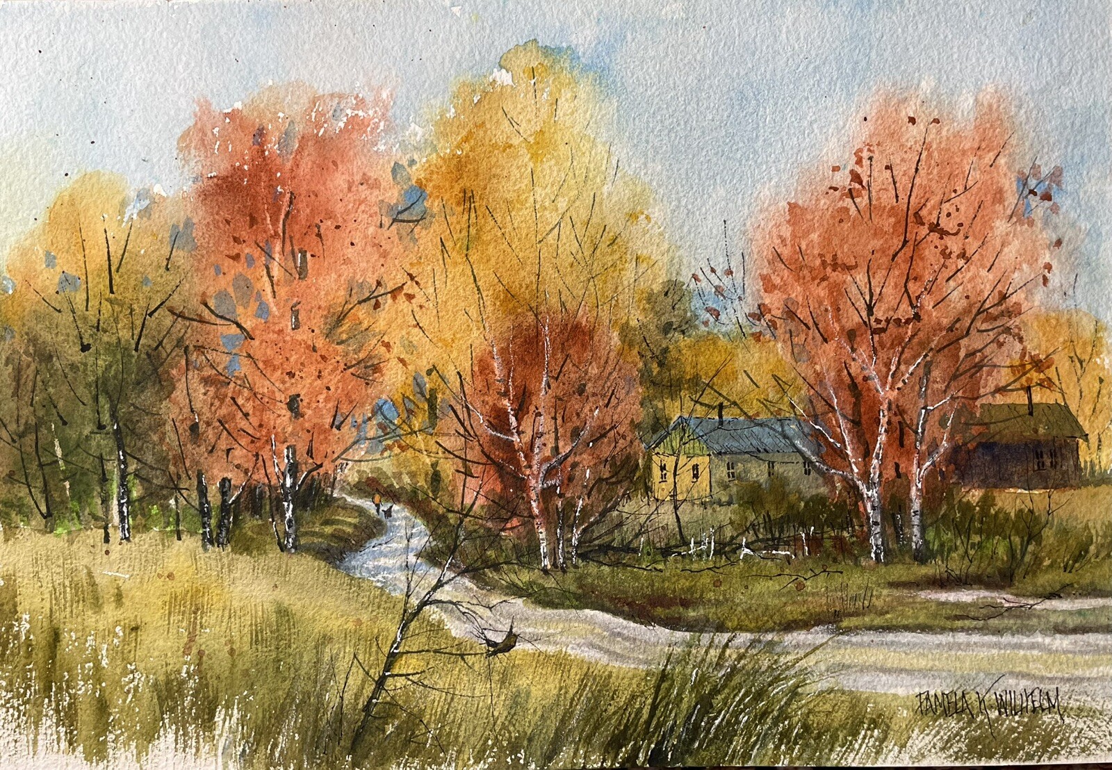 7X10” Original Watercolor Pamela Wilhelm Autumn Homestead Road Landscape