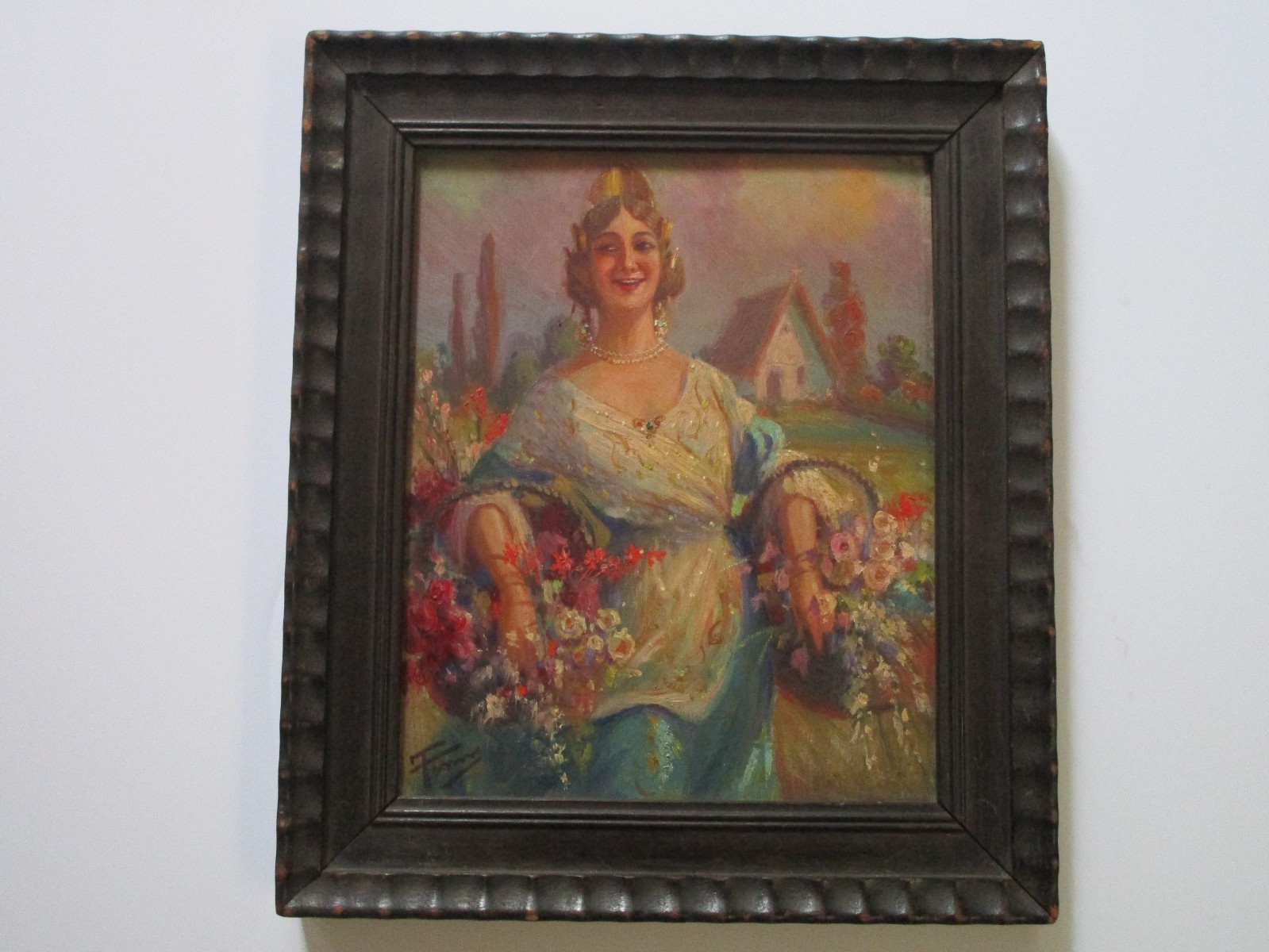 ANTIQUE PAINTING ART DECO WOMAN WITH FLOWERS GARDEN FEMALE MODEL SIGNED 1920’S
