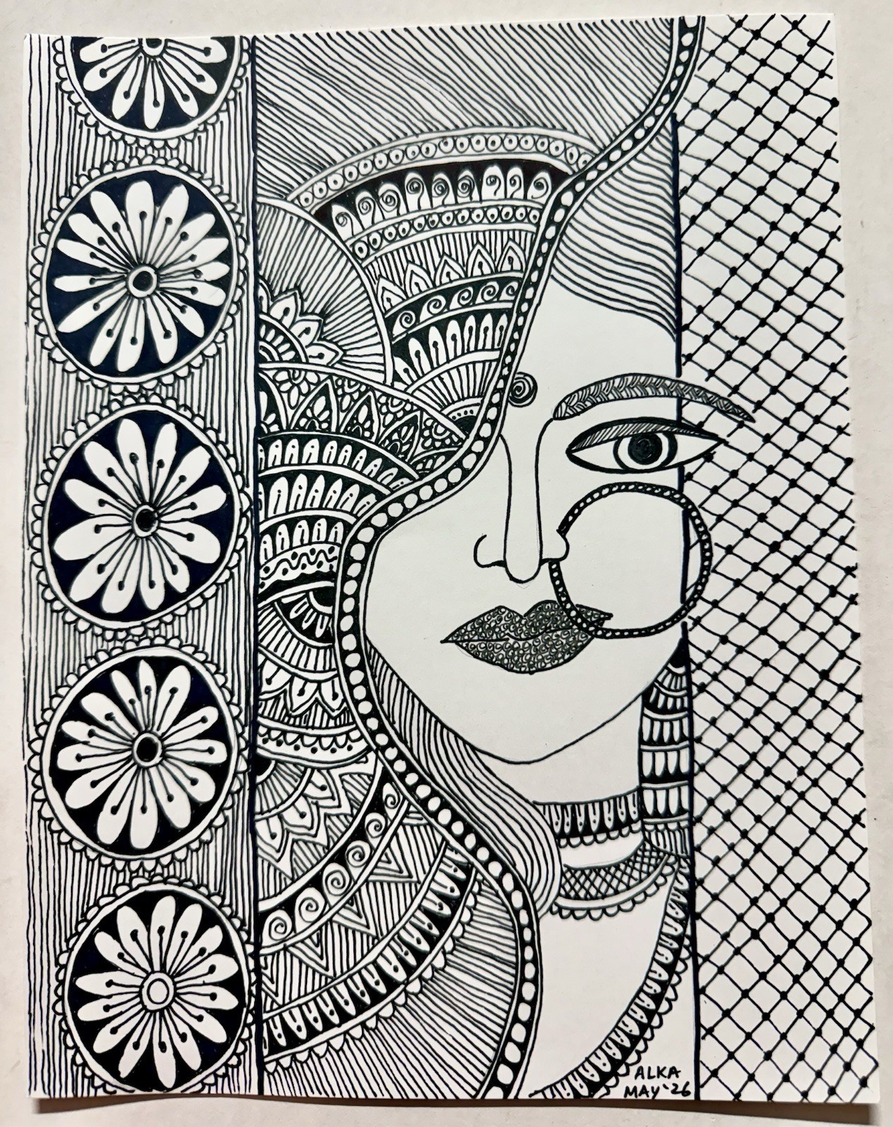Madhubani drawing Indian bride Paper artist signed original 8.5 X 11″ unframed