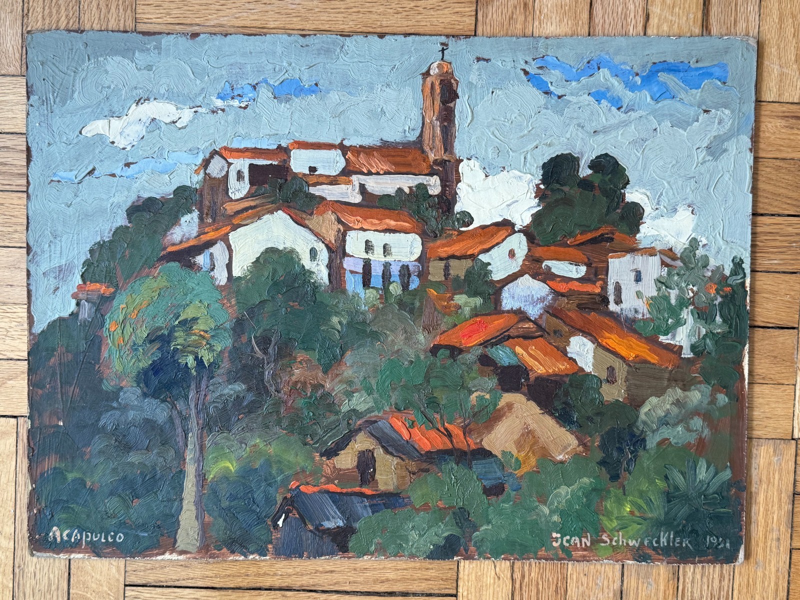 Vintage 1931 Oil on Board Landscape Acapulco Mexico Jean Schweckler 19 x 14