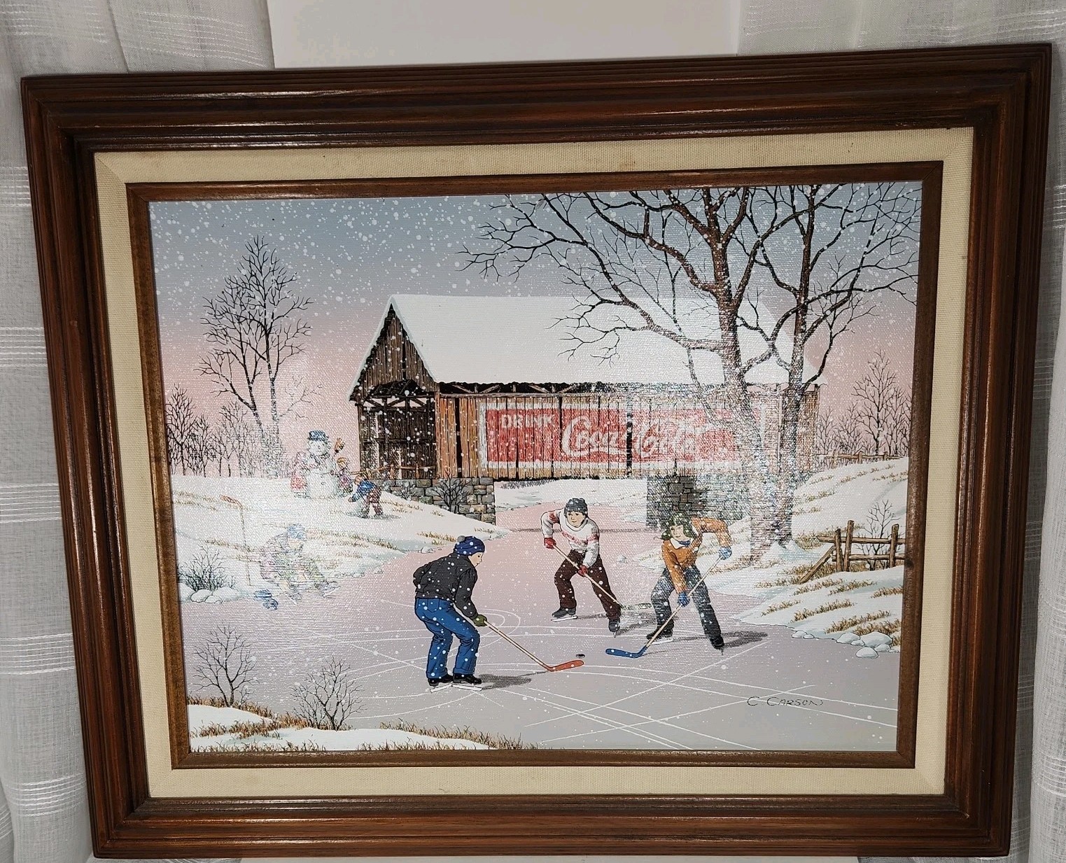 Coca-Cola Snow Scene by C. Carson Winter Hockey Painting Framed Barn Signed