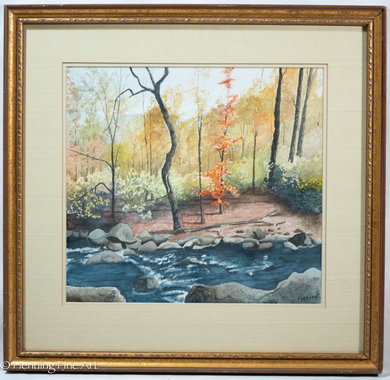 Vintage Fall Wooded River Landscape Painting by J. White, Signed & Fine! 20×21″