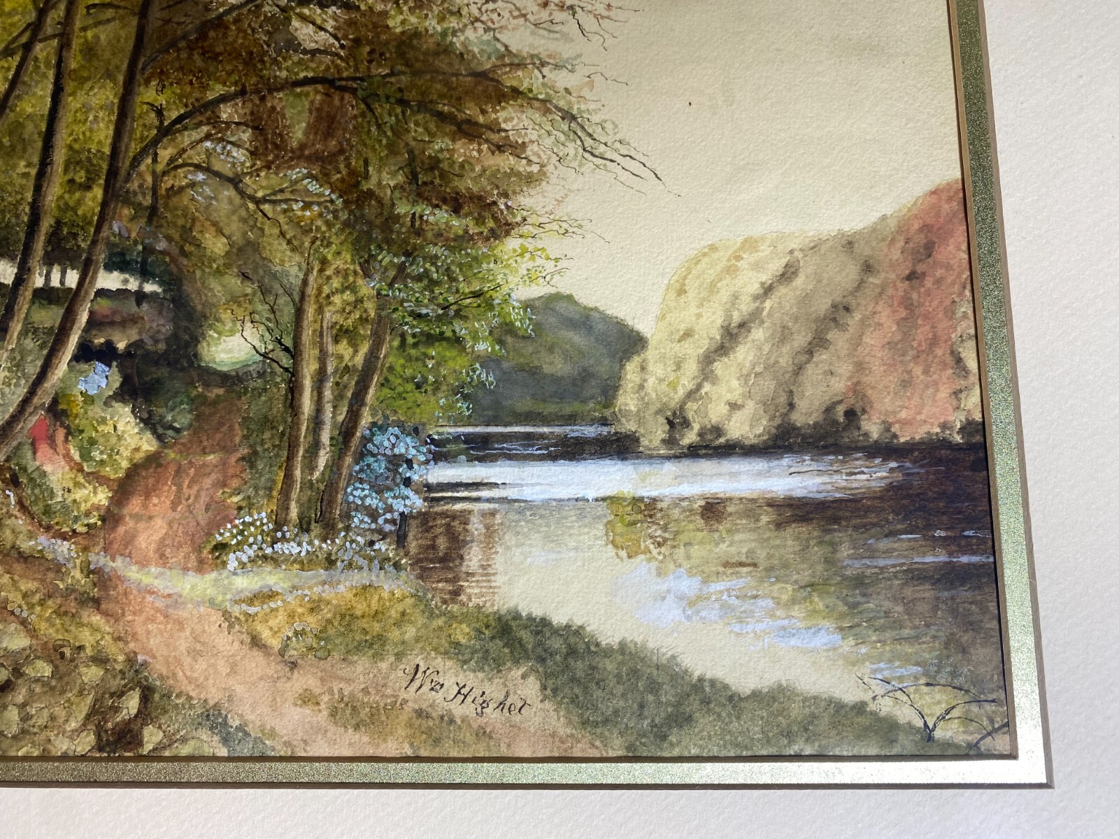 Antique W Higher «River Landscape Scene» Watercolor Painting – Signed And Framed