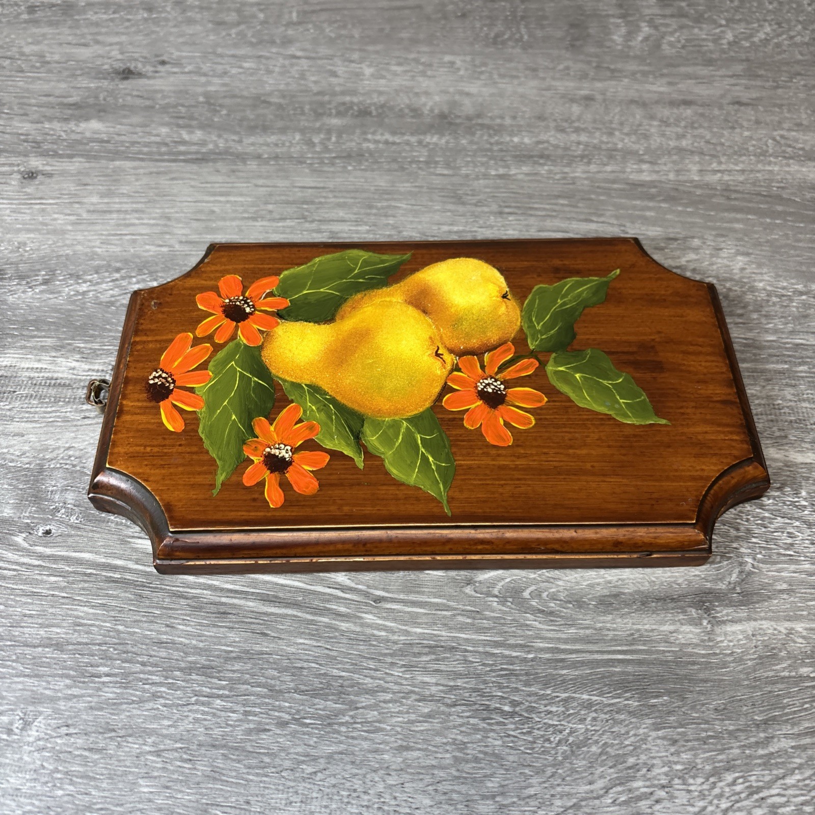 Vintage Wooden Wall Plaque Fruit Pears Hand Painted Art MCM Decor 9” Hanging