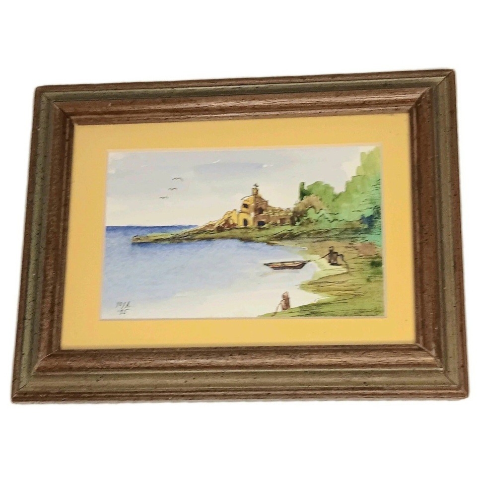 VTG Miniature Watercolor Fishing Village Beach Boat Church Signed 6.5″ x 8.5″