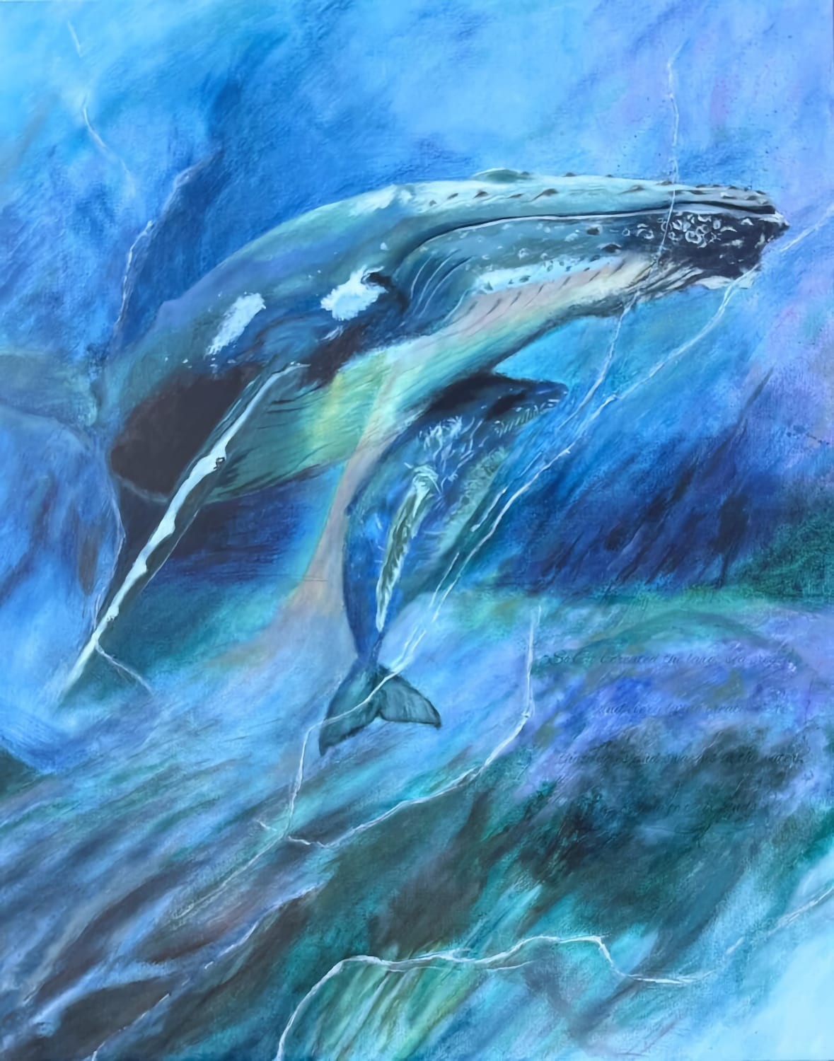 Whales Ocean Original Oil and Mixed Media Painting on Canvas 30″x24″ Home Decor