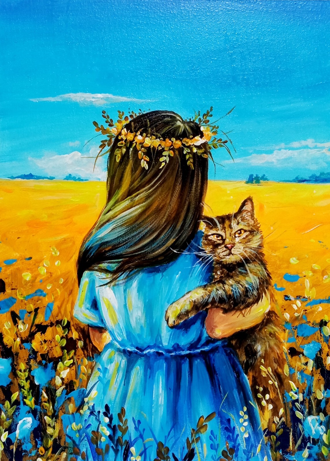 Ukrainian Patriotic Acrylic Painting, Woman with Cat, Blue and Yellow Artwork