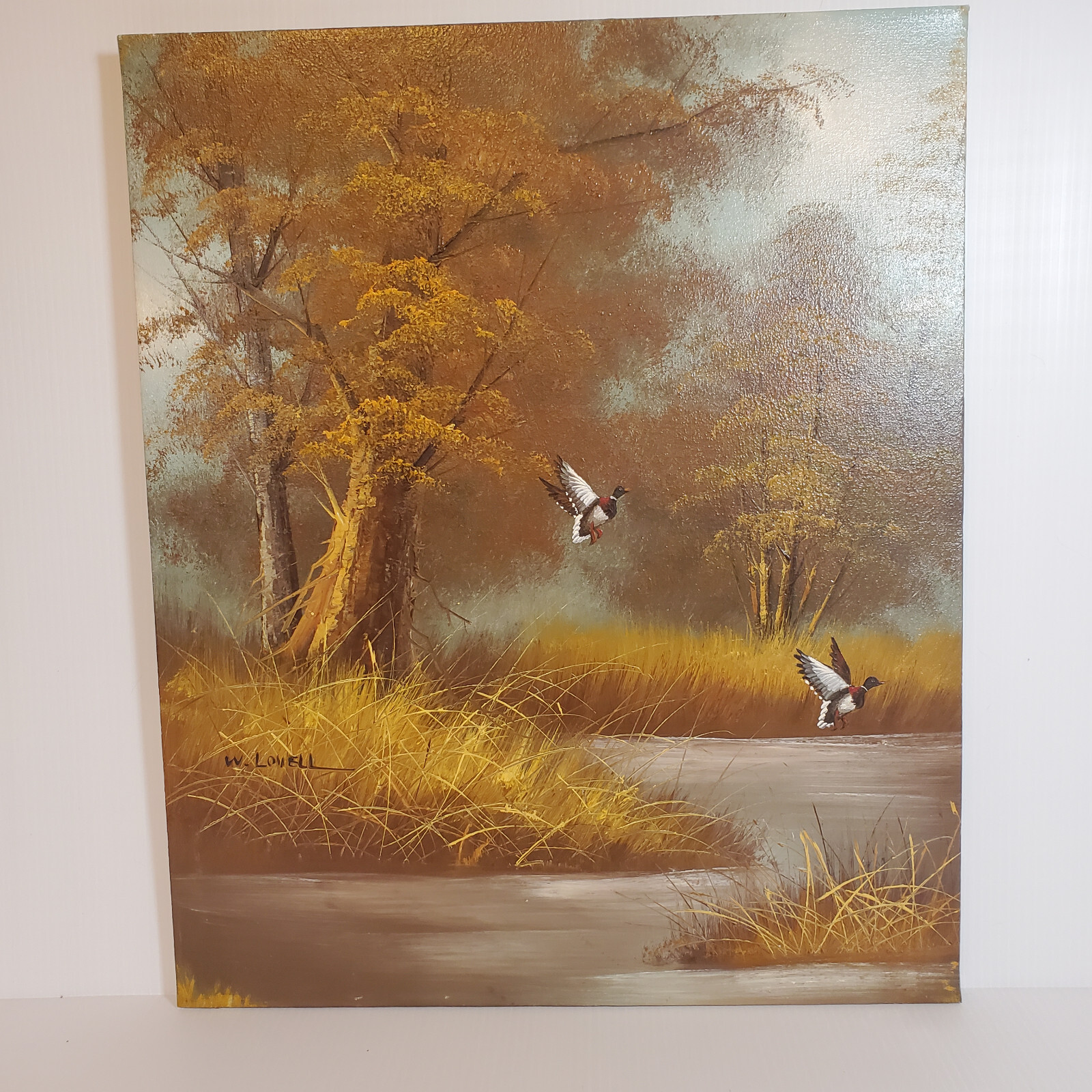W. Lovell Signed Oil Canvas 24×20 Vtg Painting Ducks in Flight Landing Marsh