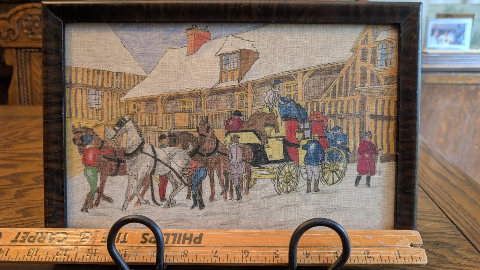 13×9″ Crayon Drawing on Fabric Naïve or Primitive Style Folk Art 1960x